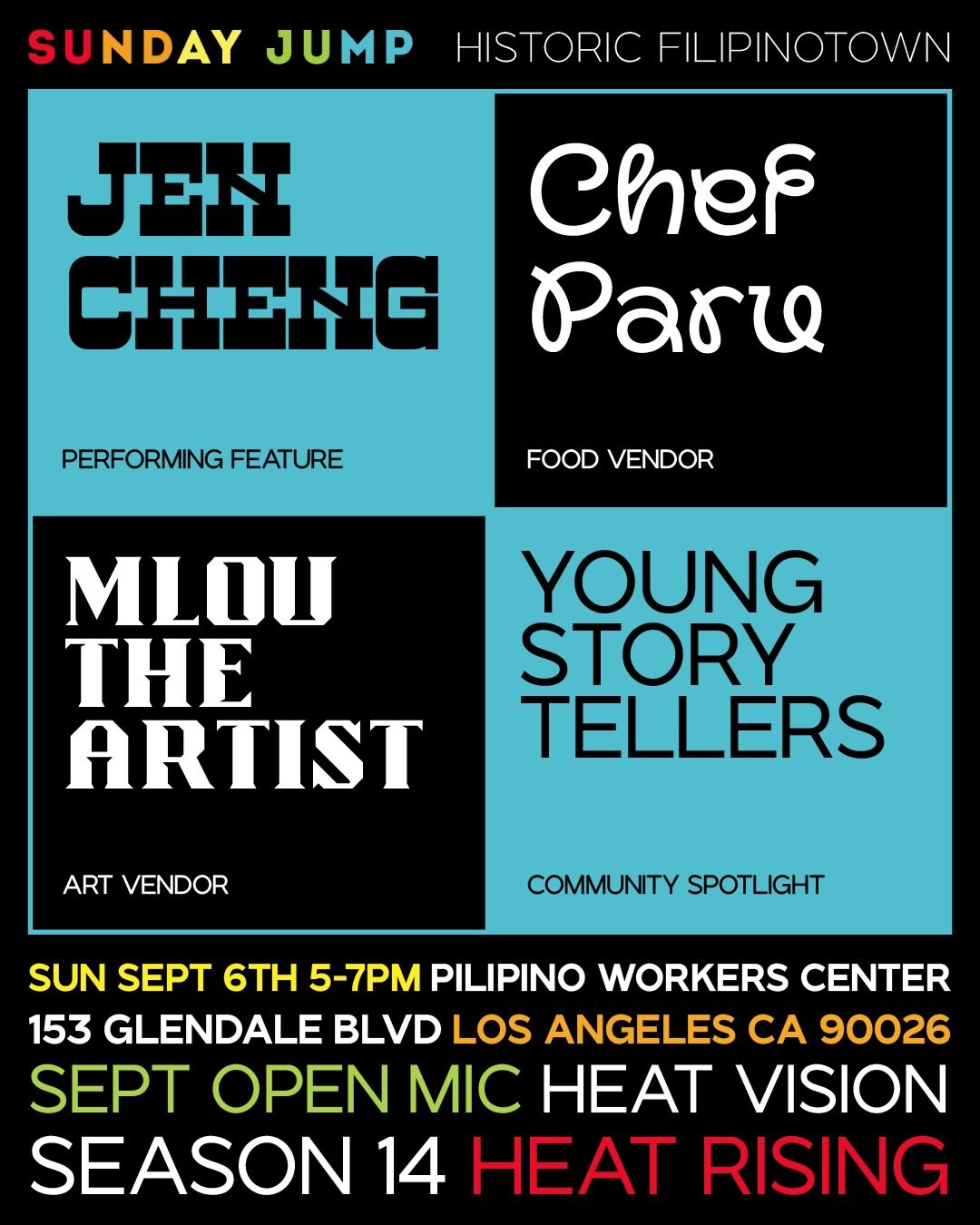 Sunday Jump Heat Vision open mic flyer for September 6 at Pilipino Workers Center.
