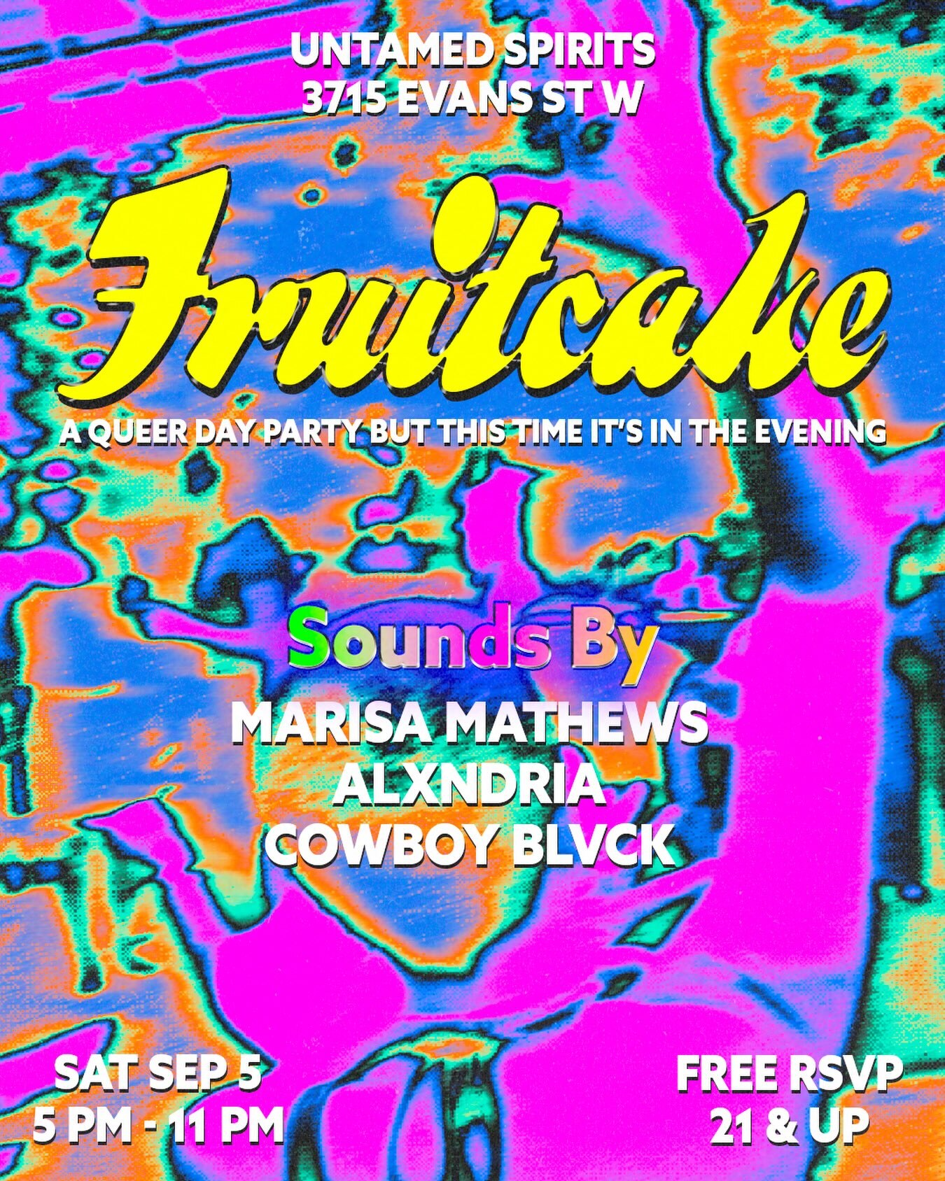 Colorful Fruitcake queer party flyer with three DJs, September 5 at Untamed Spirits.