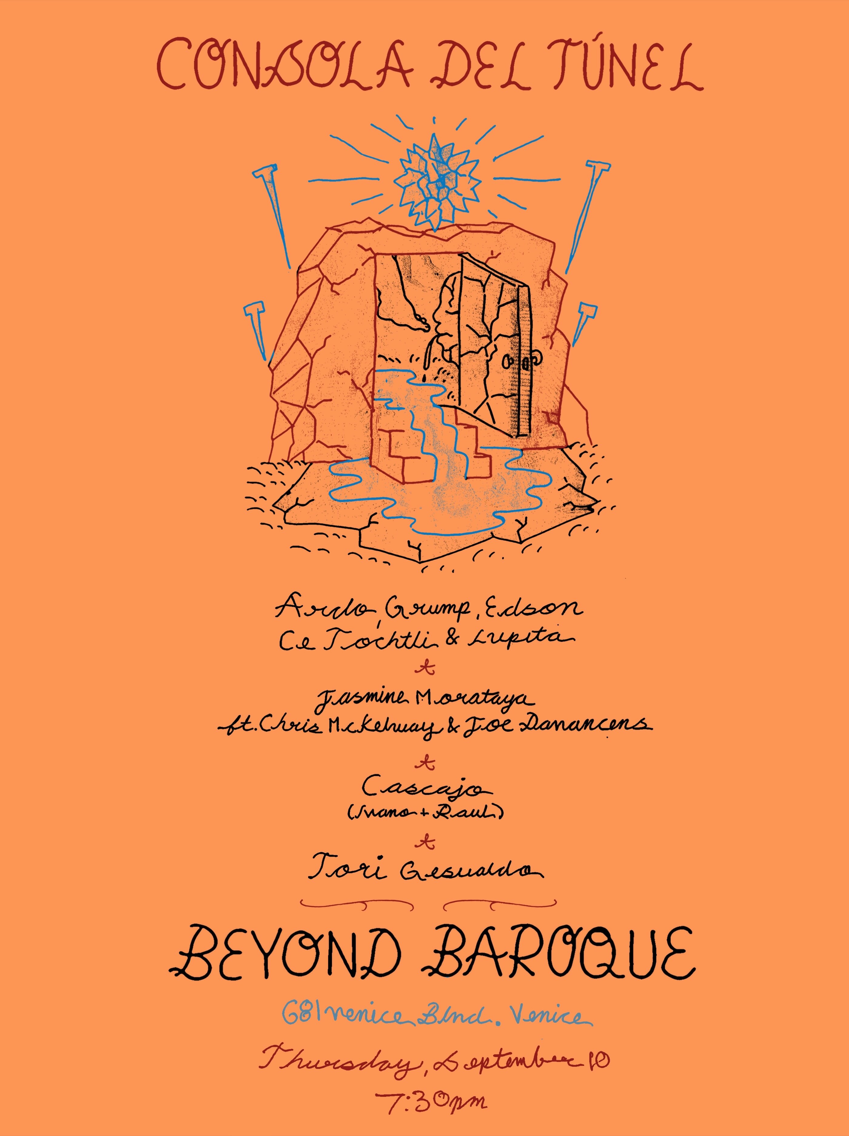 Orange hand-drawn Consola del Túnel performance flyer
