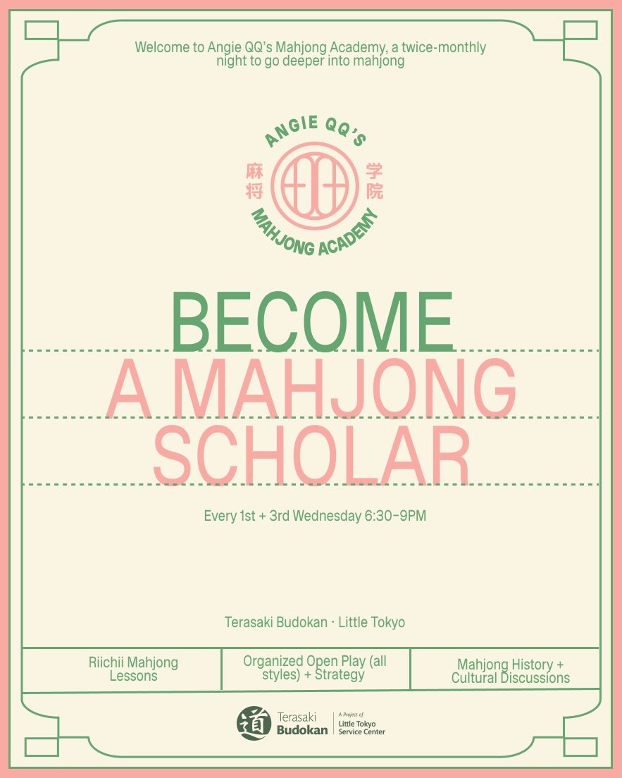 Angie QQ Mahjong Academy flyer for first and third Wednesdays at Terasaki Budokan