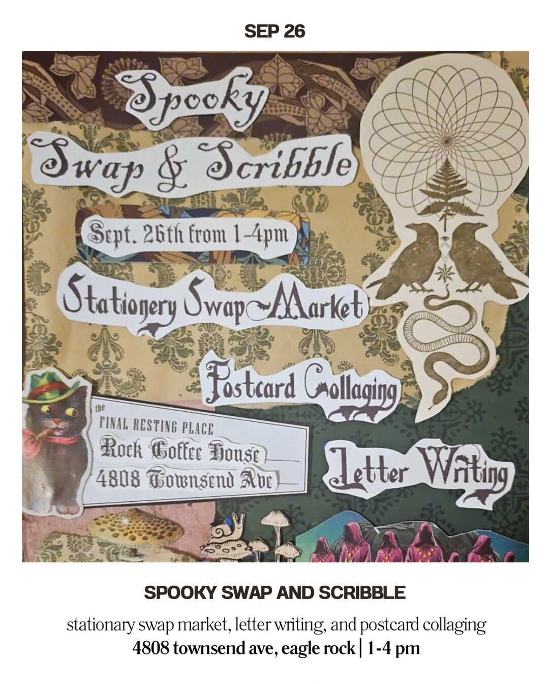 Spooky Swap and Scribble poster with Eagle Rock location and 1 to 4 PM hours.