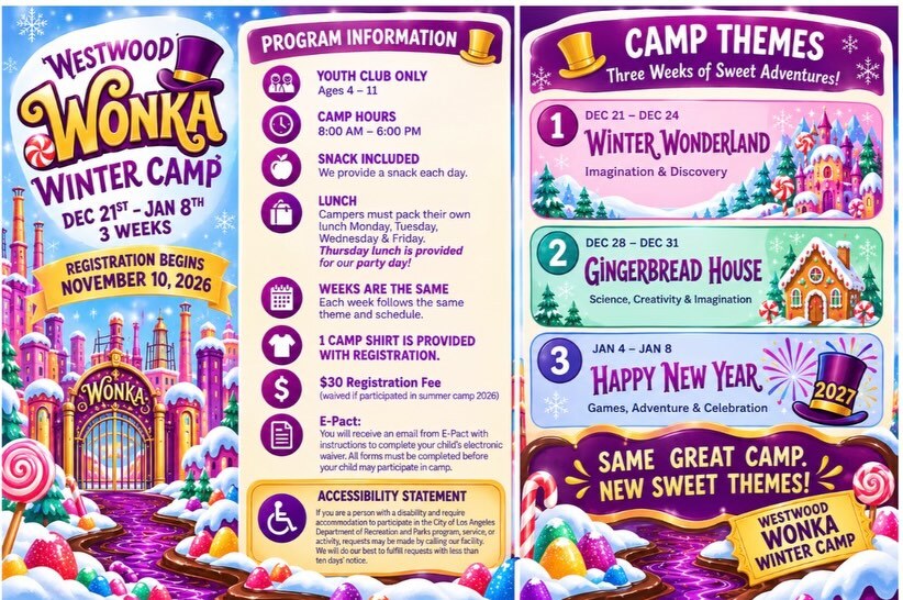 Westwood Wonka Winter Camp flyer listing three themed camp weeks from December 21, 2026 through January 8, 2027, with program information for ages 4 to 11.