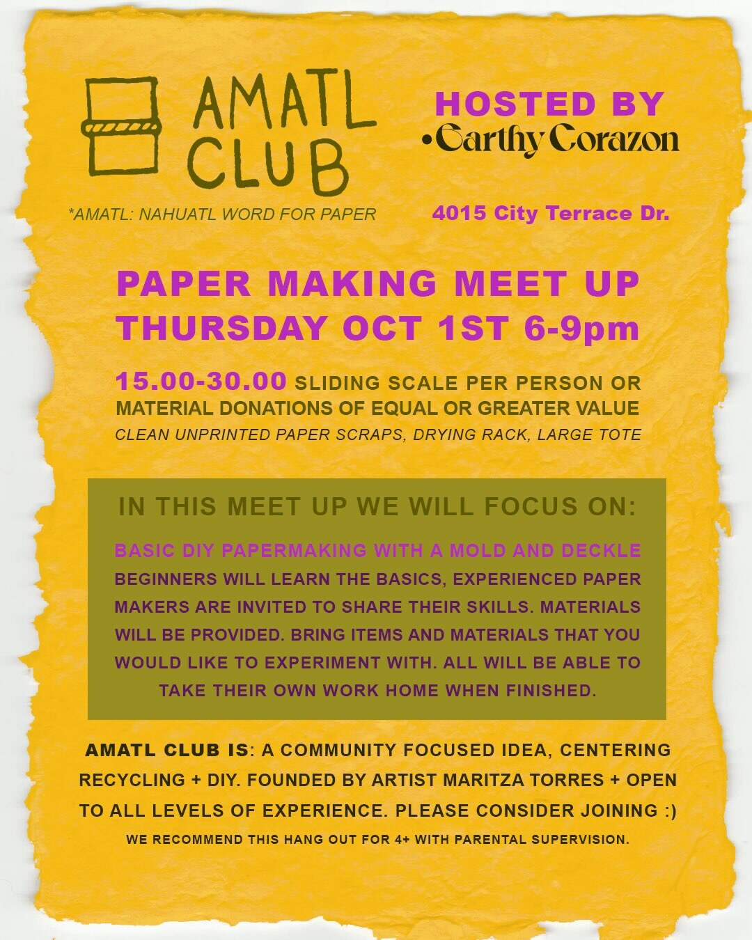 Yellow Amatl Club flyer for the October 1 paper-making meetup at Earthy Corazon with sliding-scale admission.