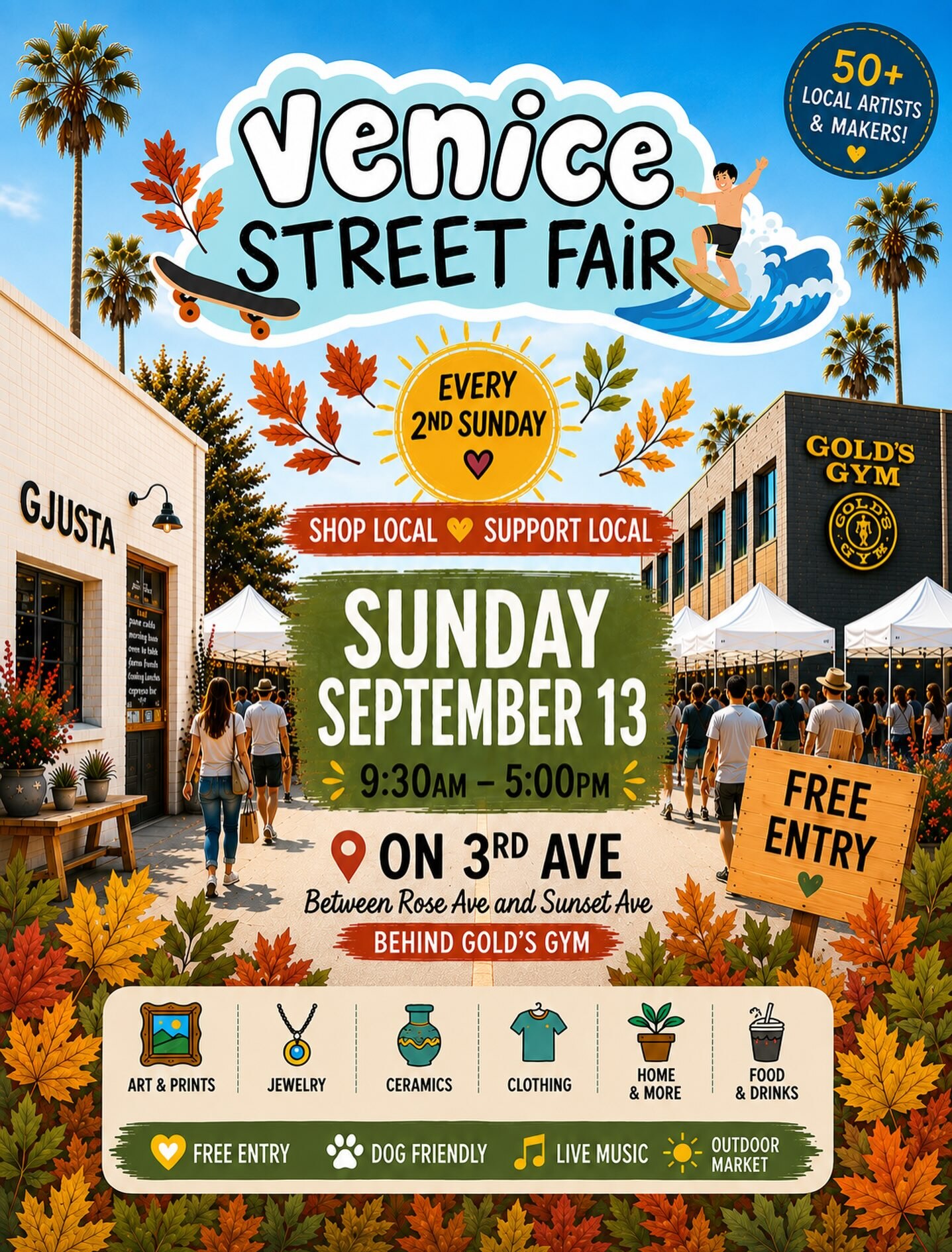 Illustrated Venice Street Fair flyer with artists, makers and outdoor market