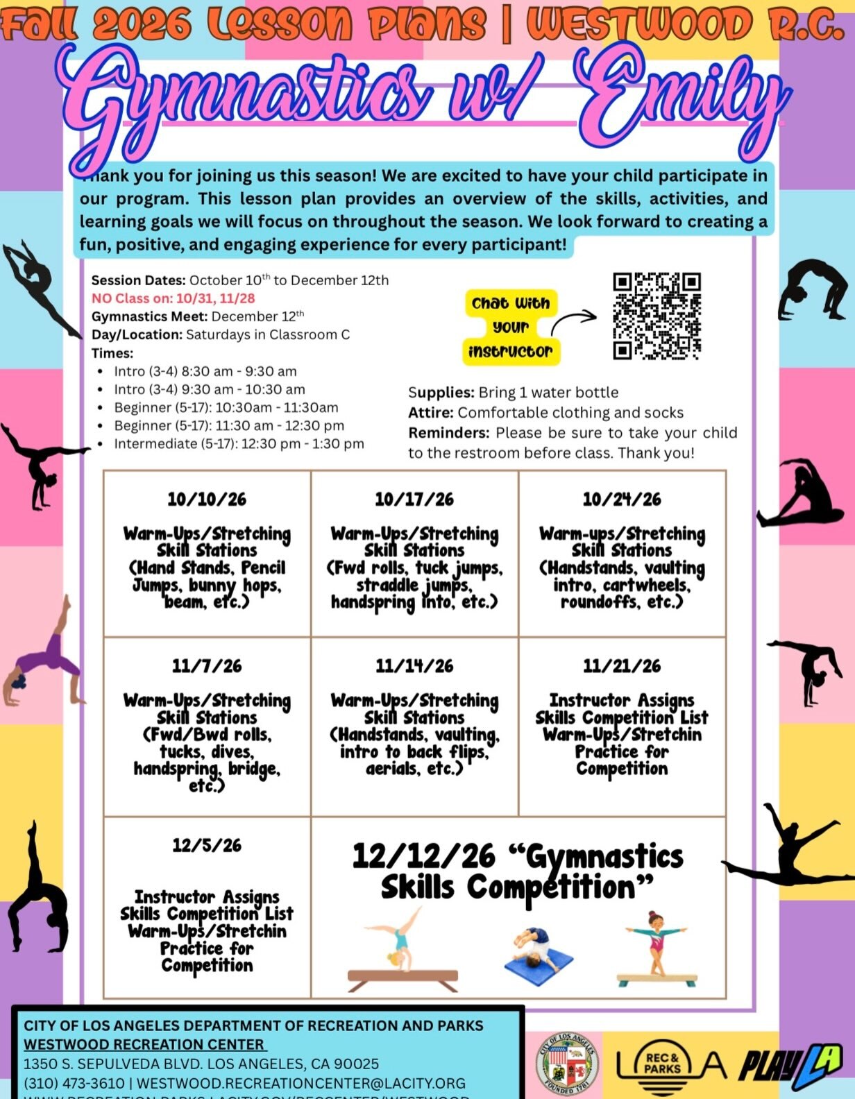 Westwood Recreation Center Fall 2026 Gymnastics lesson-plan flyer with Saturday dates and five class levels.