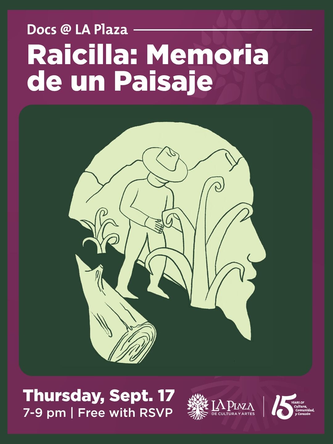 Raicilla: Memoria de un Paisaje documentary screening flyer for September 17 at LA Plaza