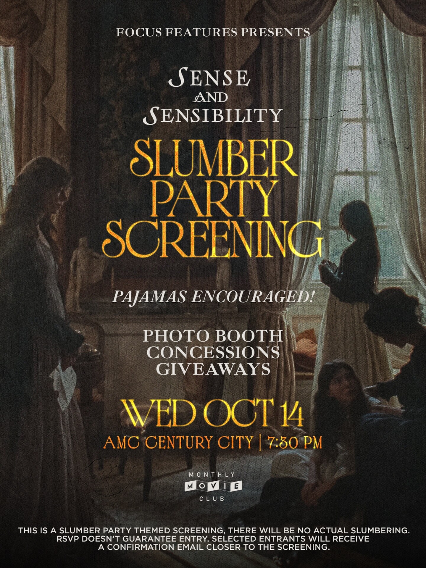 Sense and Sensibility Slumber Party Screening invitation for October 14 at AMC Century City