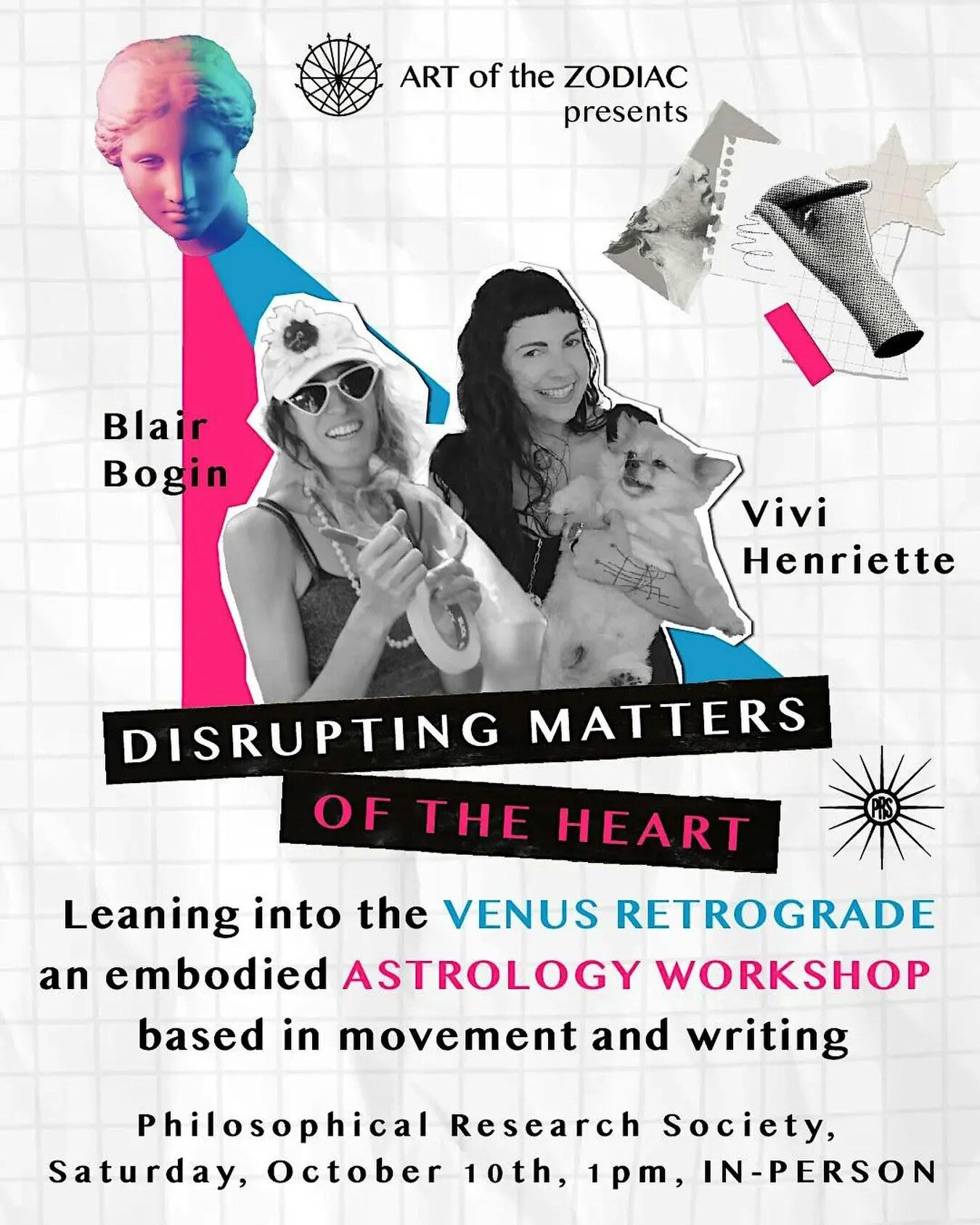 Disrupting Matters of the Heart embodied astrology workshop flyer with Blair Bogin and Vivi Henriette