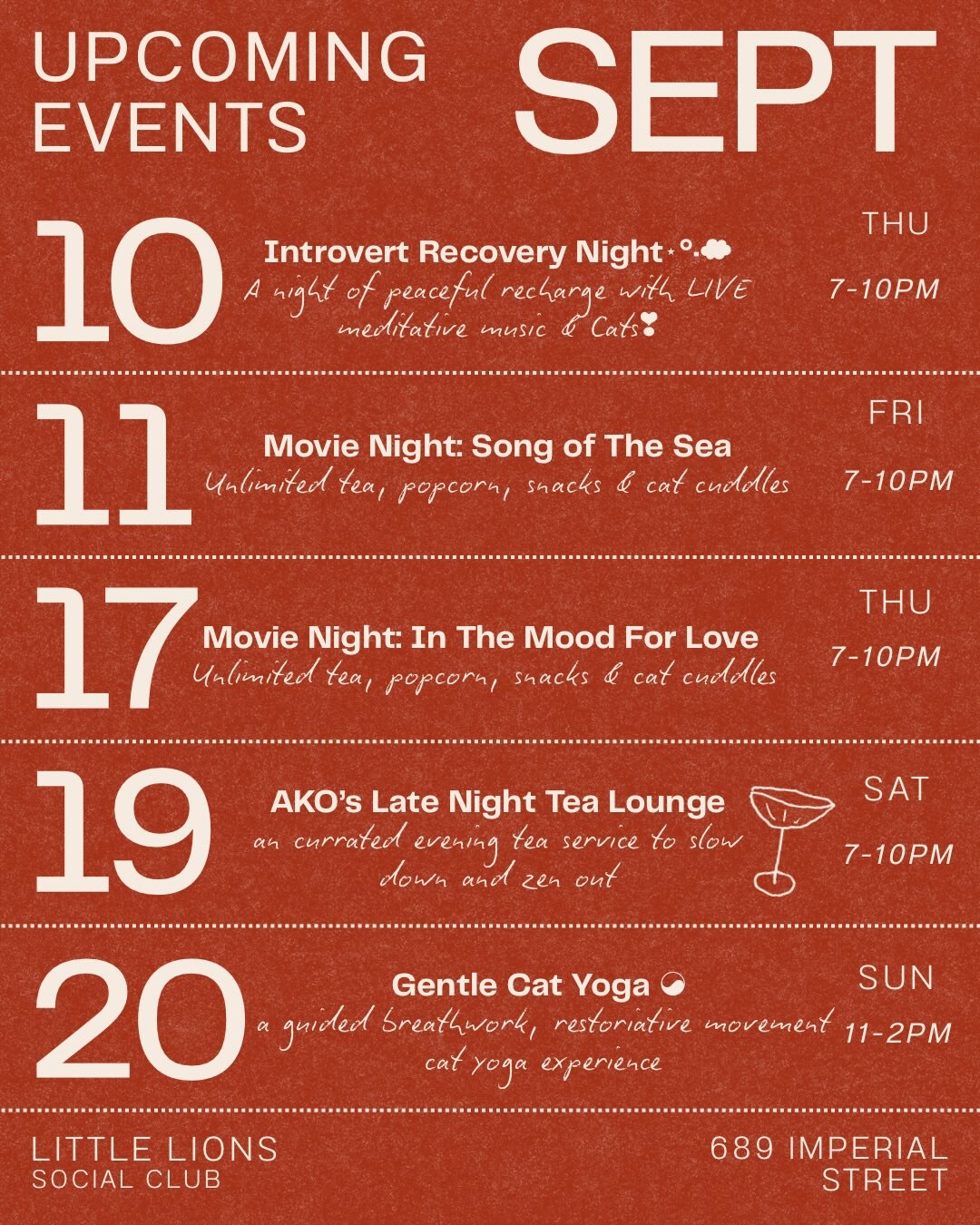 Little Lions September events flyer featuring Gentle Cat Yoga