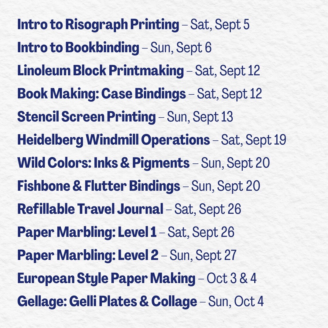 International Printing Museum Book Arts Institute September workshop schedule featuring Paper Marbling: Level 2