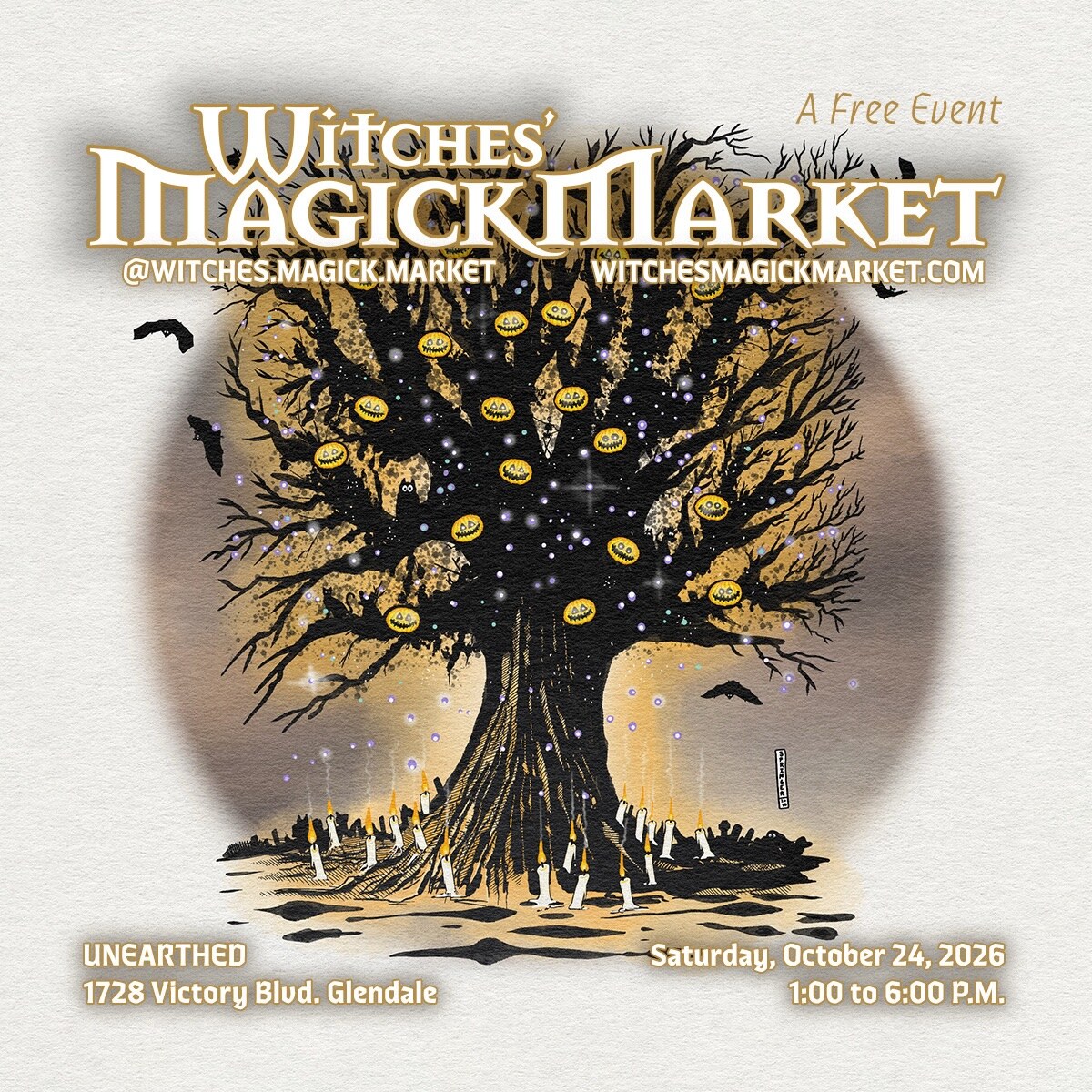 Witching Hour anniversary market flyer with a candlelit Halloween tree at UNEARTHED.