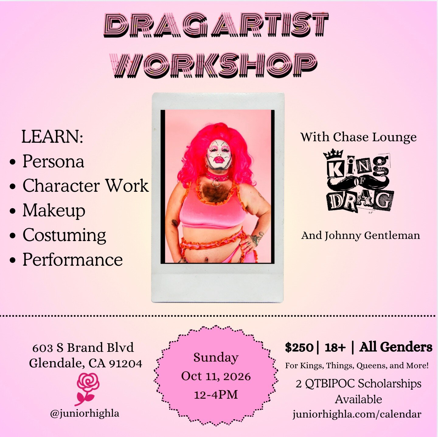Pink Drag Artist Workshop flyer featuring Chase Lounge with October 11 class details.