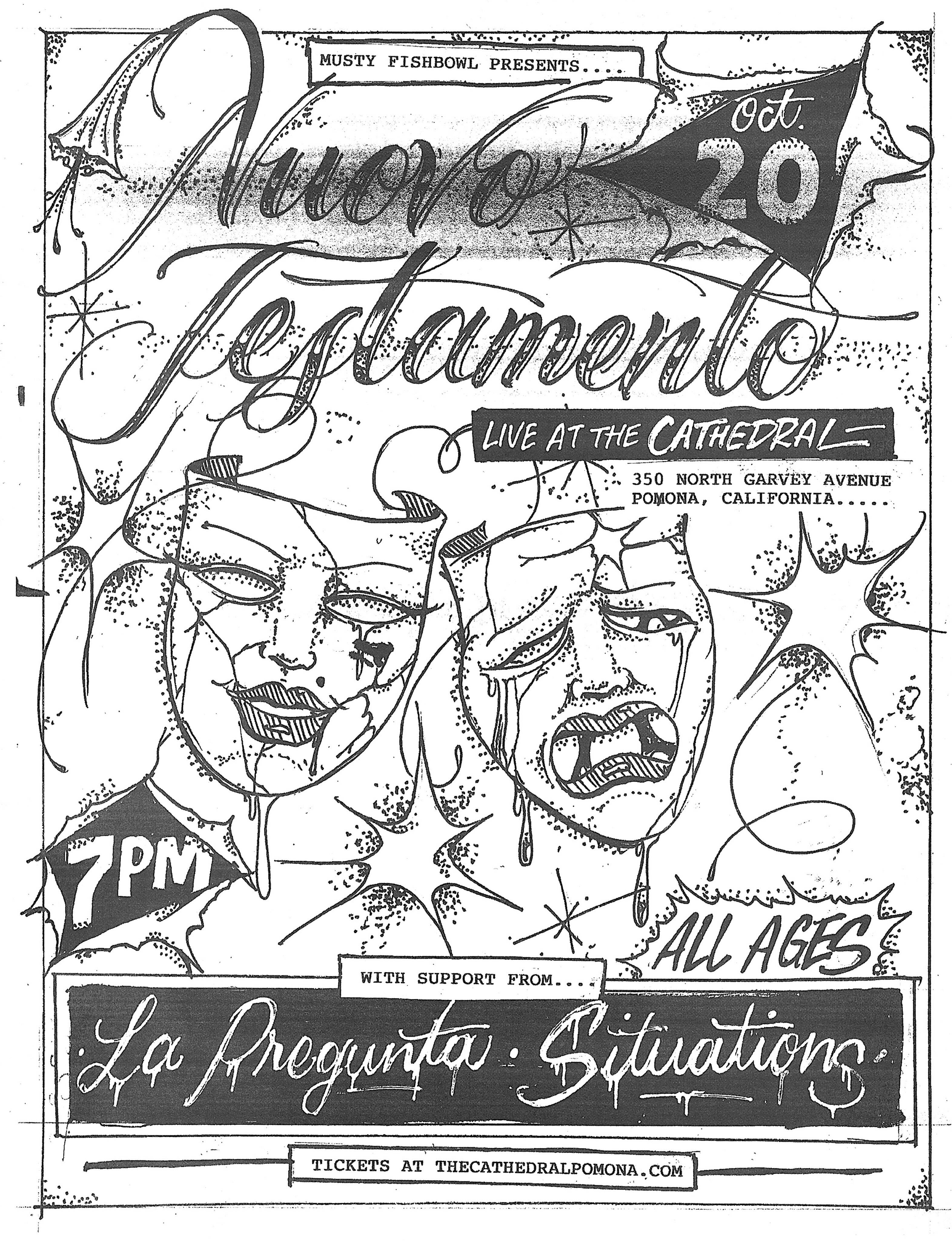 Nuovo Testamento concert flyer for October 20 at The Cathedral with La Pregunta and Situations.