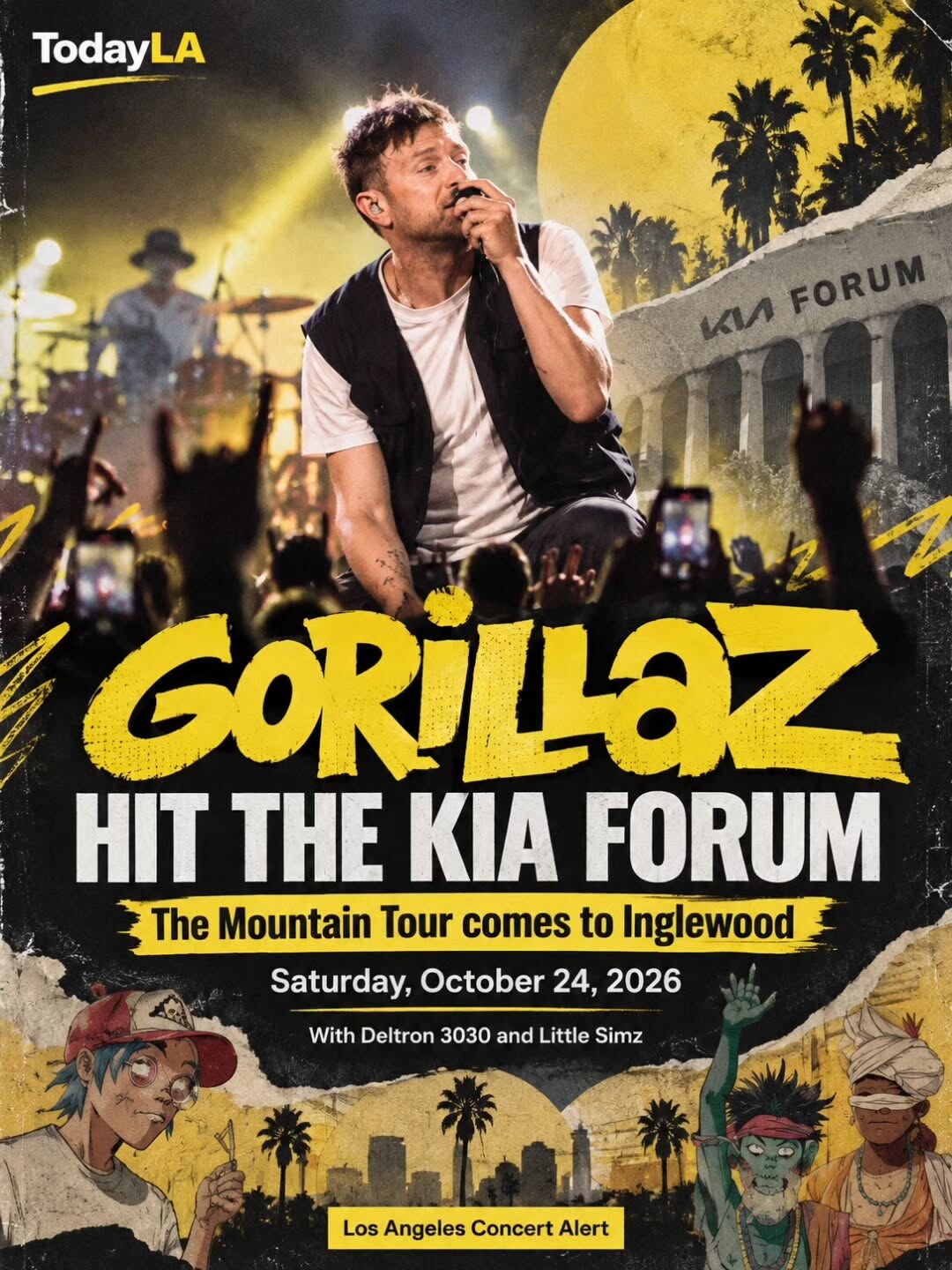 Gorillaz Mountain Tour poster for Kia Forum on October 24 with Deltron 3030 and Little Simz.