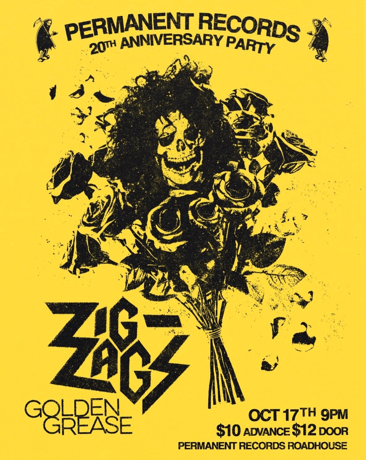 Illustrated Permanent Records 20th Anniversary Party flyer featuring Zig Zags and Golden Grease.