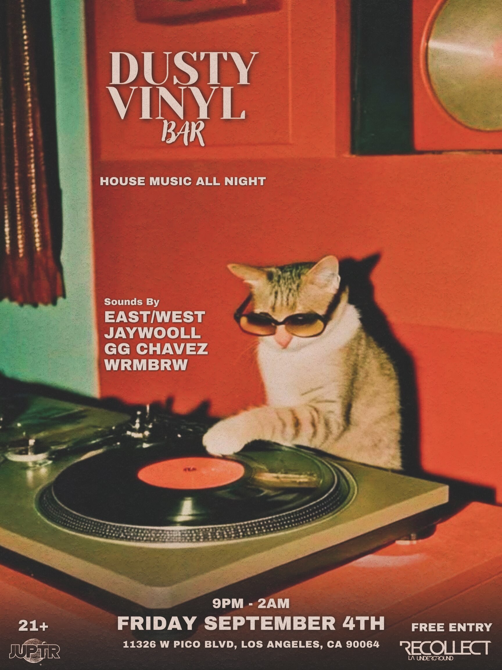 Rust-colored Dusty Vinyl Bar House Music All Night flyer with a cat DJ and the September 4 lineup.