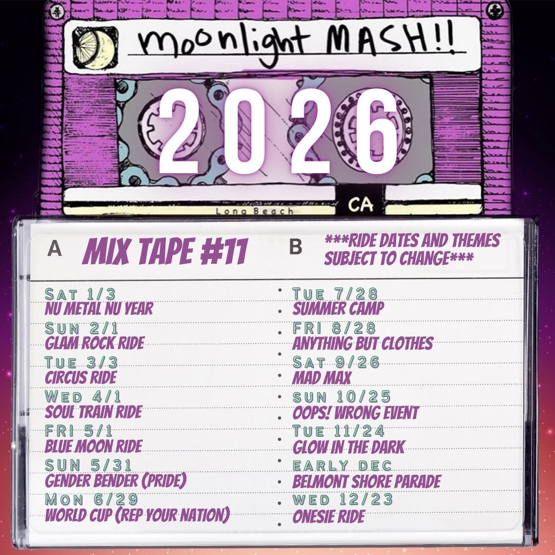 Moonlight Mash 2026 cassette-style calendar listing ride dates and themes.