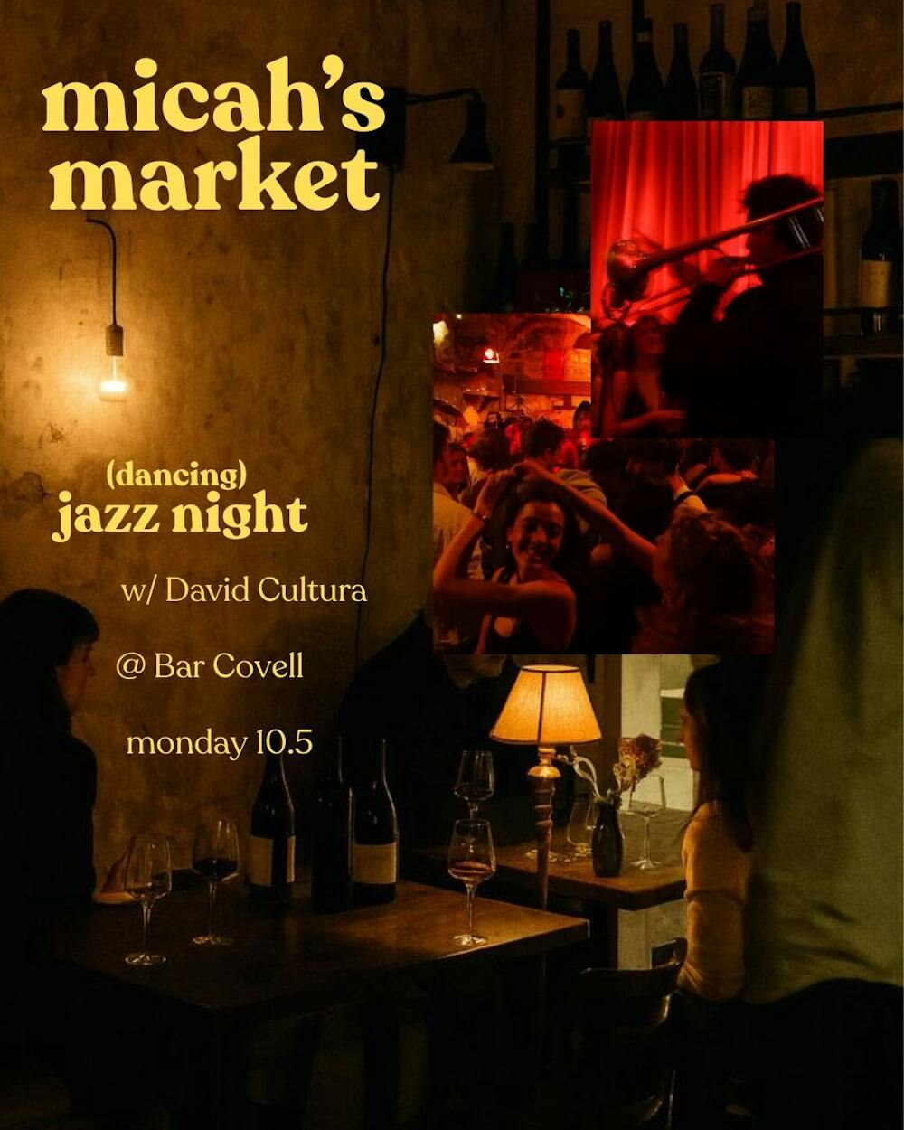 Micah’s Market dancing jazz night flyer with a live band at Bar Covell.
