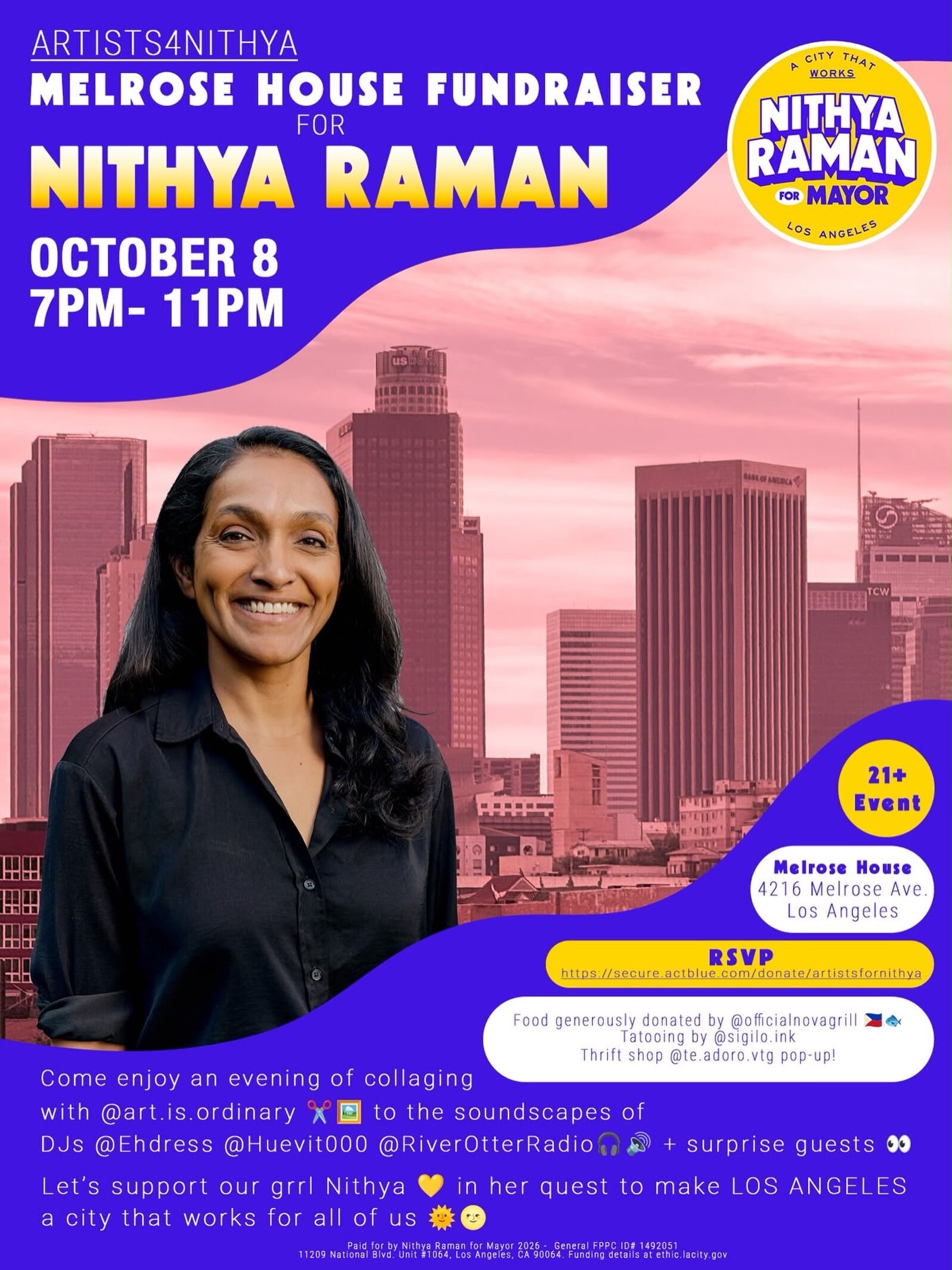 Artists4Nithya Melrose House fundraiser flyer for Nithya Raman on October 8, 7–11 PM, marked 21+ with RSVP details.