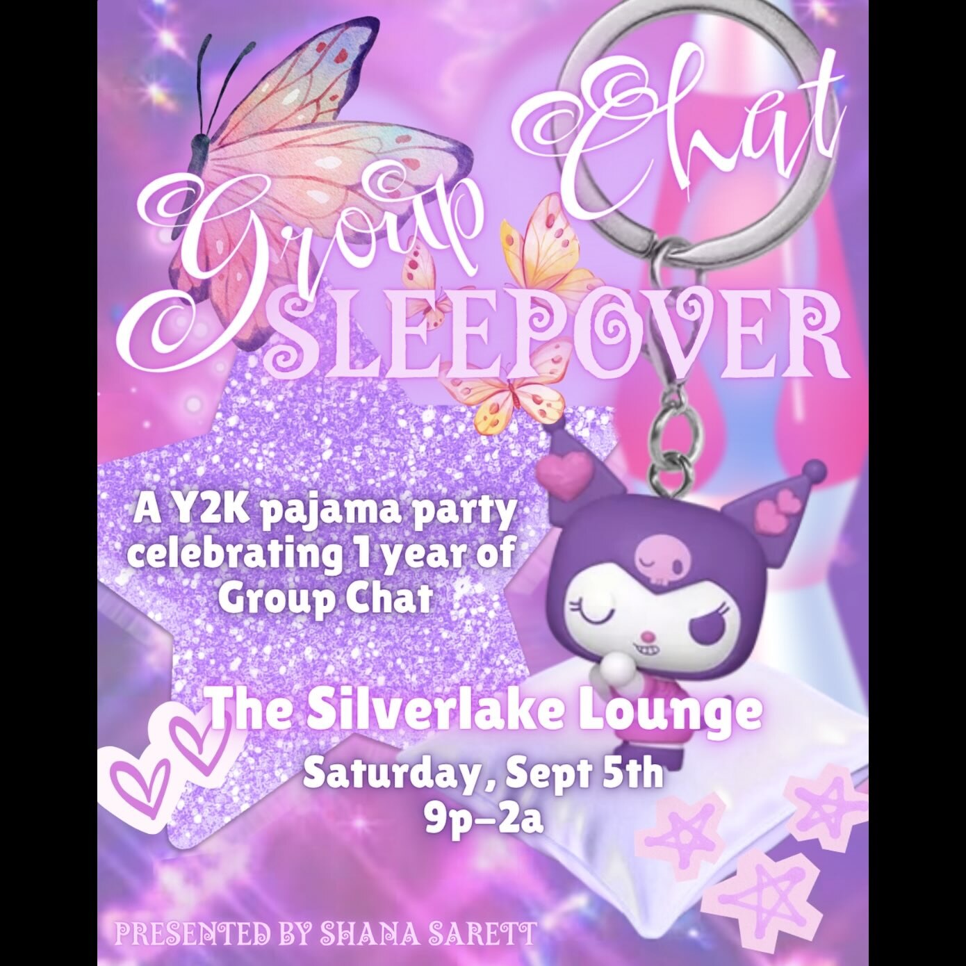 Pink Group Chat Sleepover flyer for a Y2K pajama party at The Silverlake Lounge