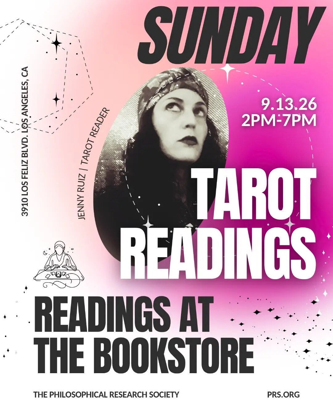 Sunday tarot readings at the PRS bookstore flyer
