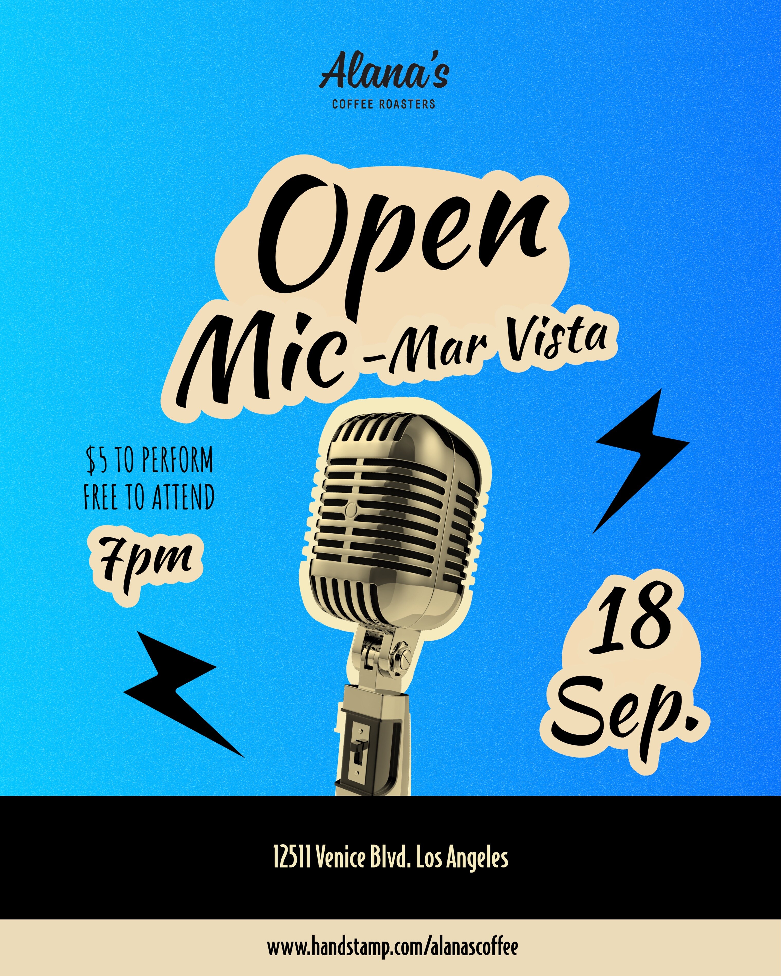 Blue Alana's Coffee Open Mic Mar Vista flyer