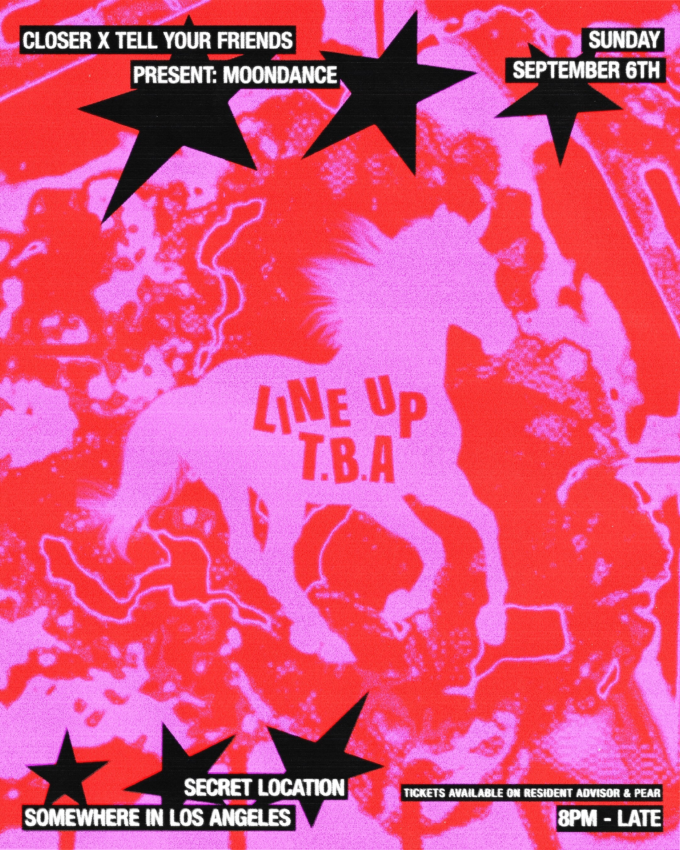 Moondance Labor Day Sunday flyer in red and pink