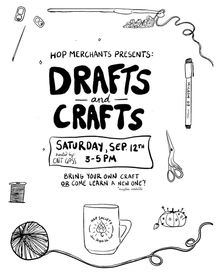 Drafts and Crafts community craft night flyer at Hop Merchants on September 12