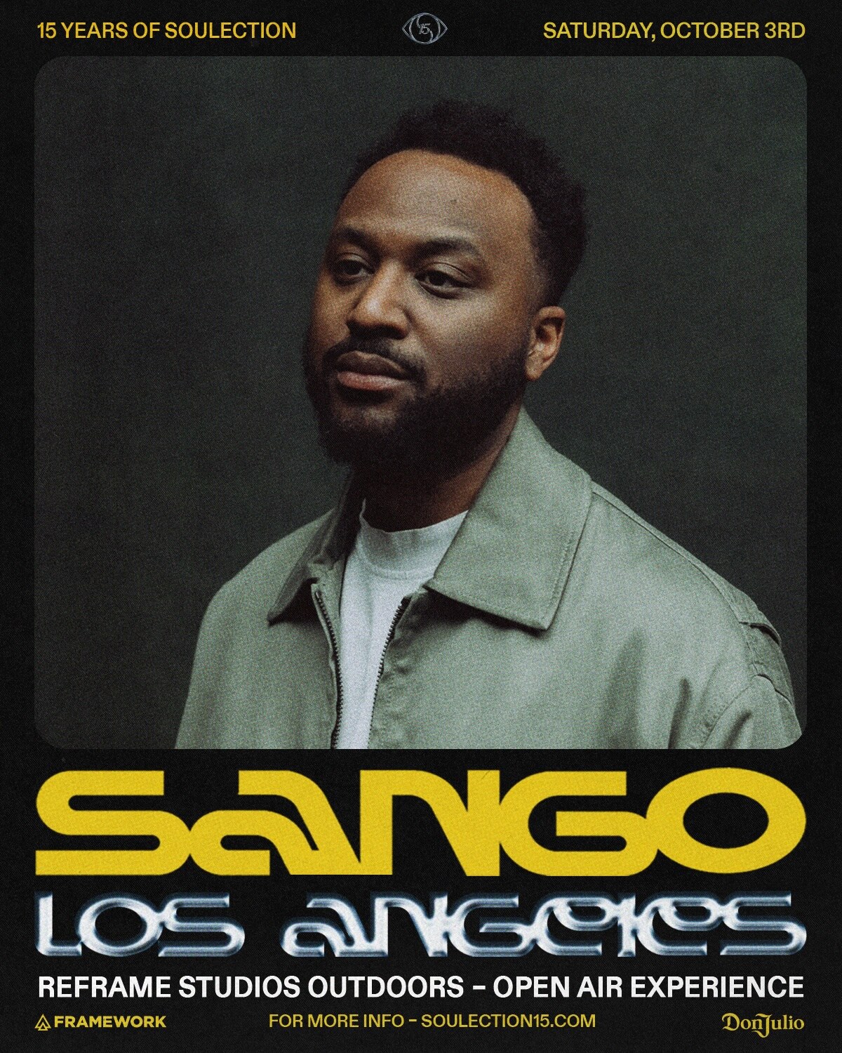 Soulection 15 Years Los Angeles flyer spotlighting Sango at Reframe Studios Outdoors