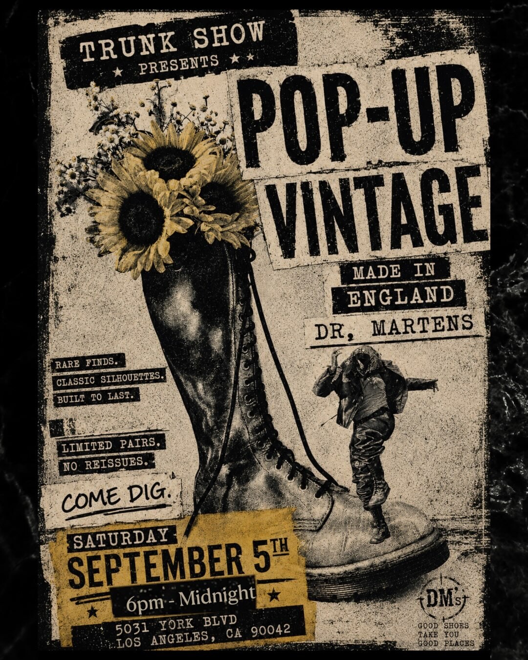 Black, yellow and red Made in England vintage Dr. Martens pop-up flyer for September 5 in Highland Park.