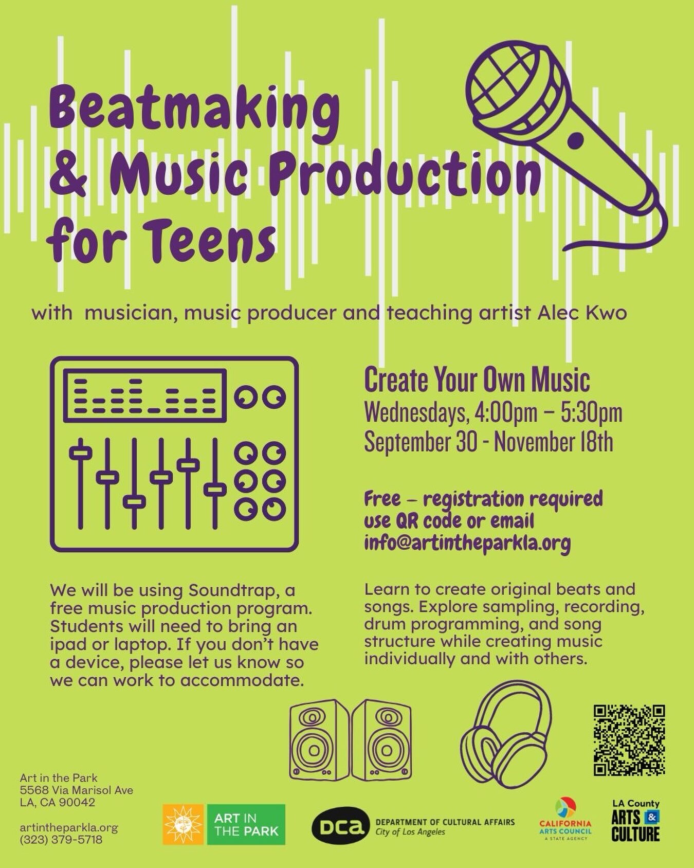 Beatmaking and music production workshop flyer announcing eight free Wednesday sessions for teens at Art in the Park.