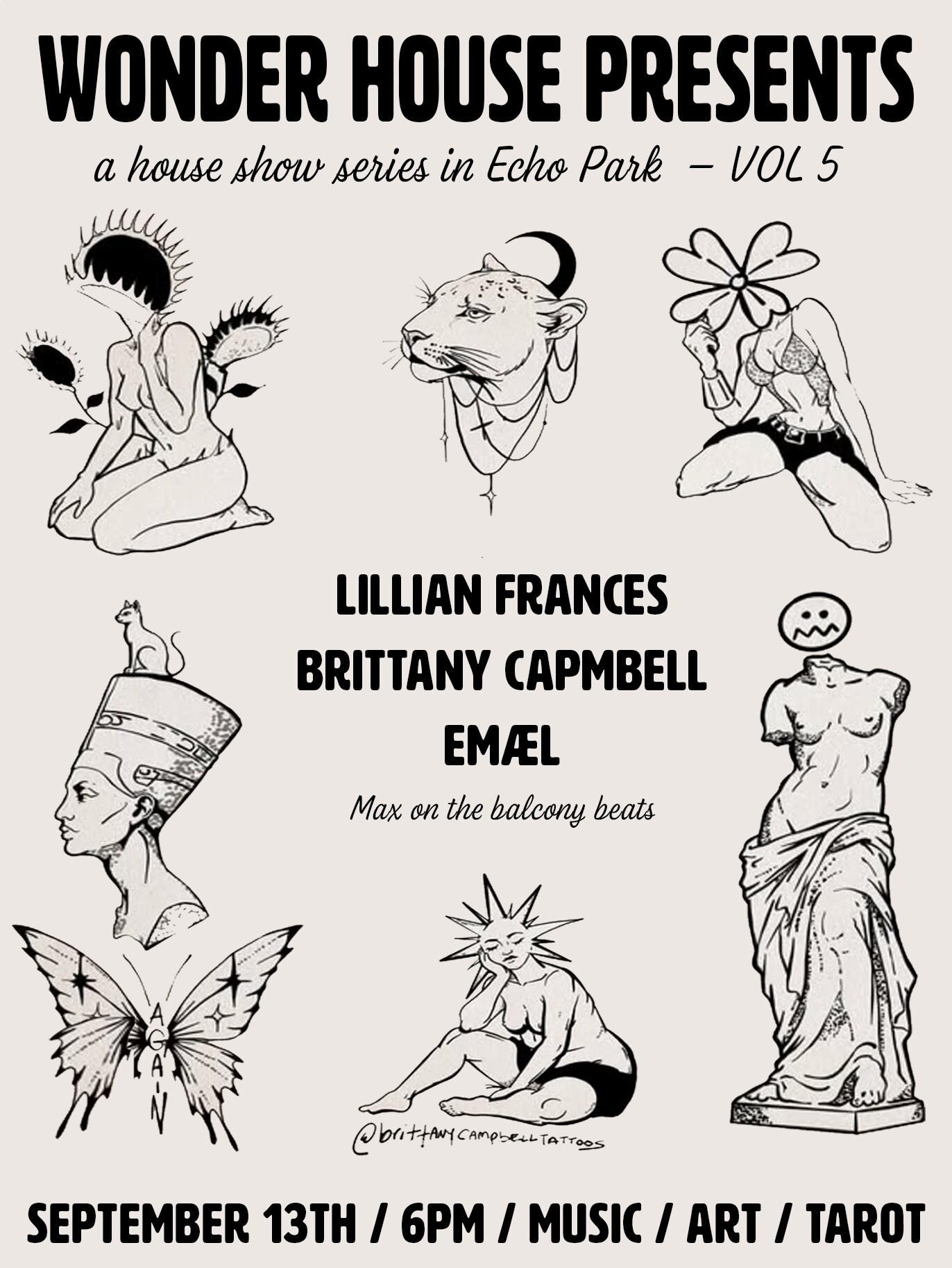 Wonder House volume five flyer listing Lillian Frances, Brittany Campbell and EMÆL for September 13
