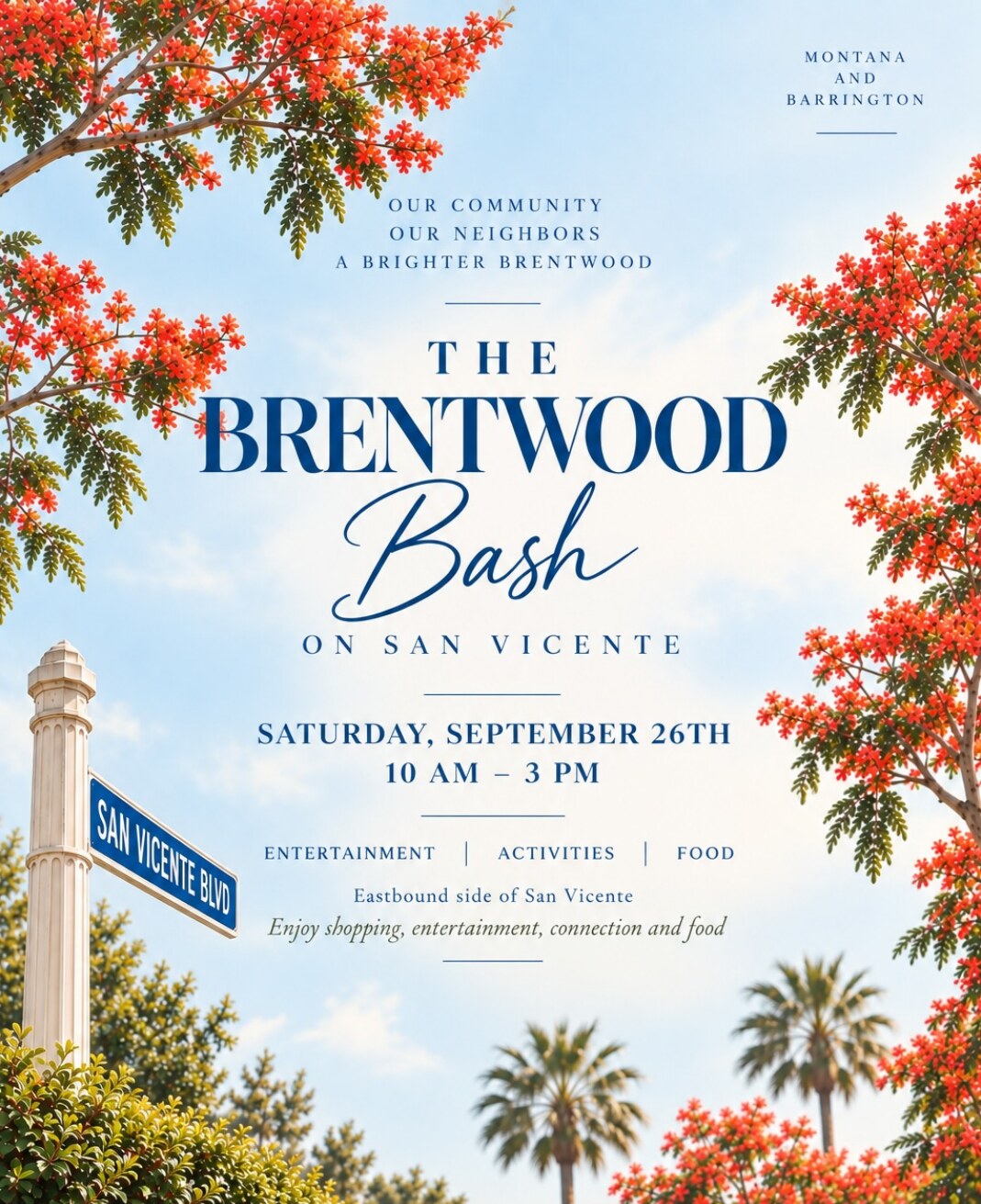 Brentwood Bash flyer with flowering trees, San Vicente street sign, September 26 date and 10 am to 3 pm hours