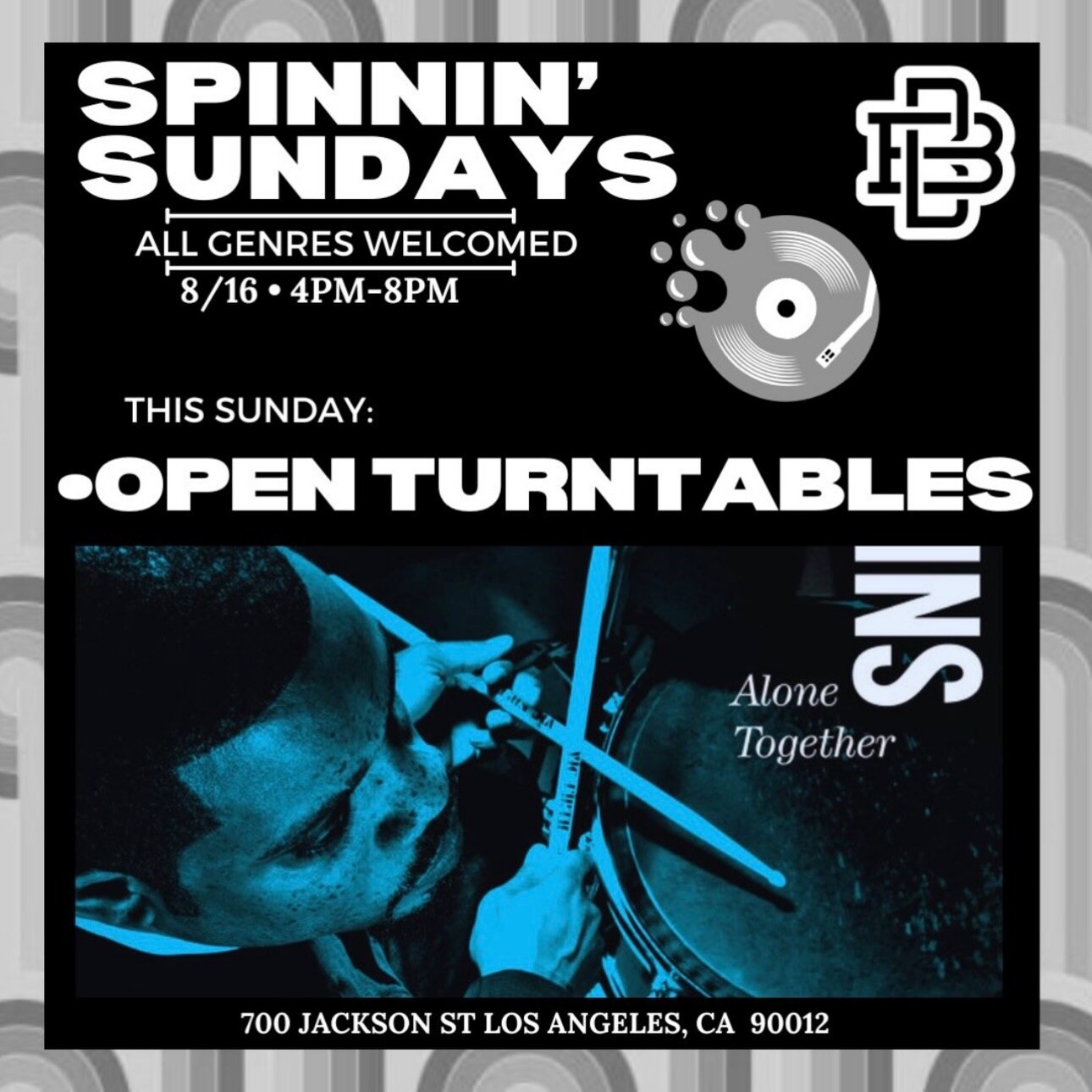 Black-and-white Spinnin' Sundays flyer for open turntables at Boomtown Brewery.
