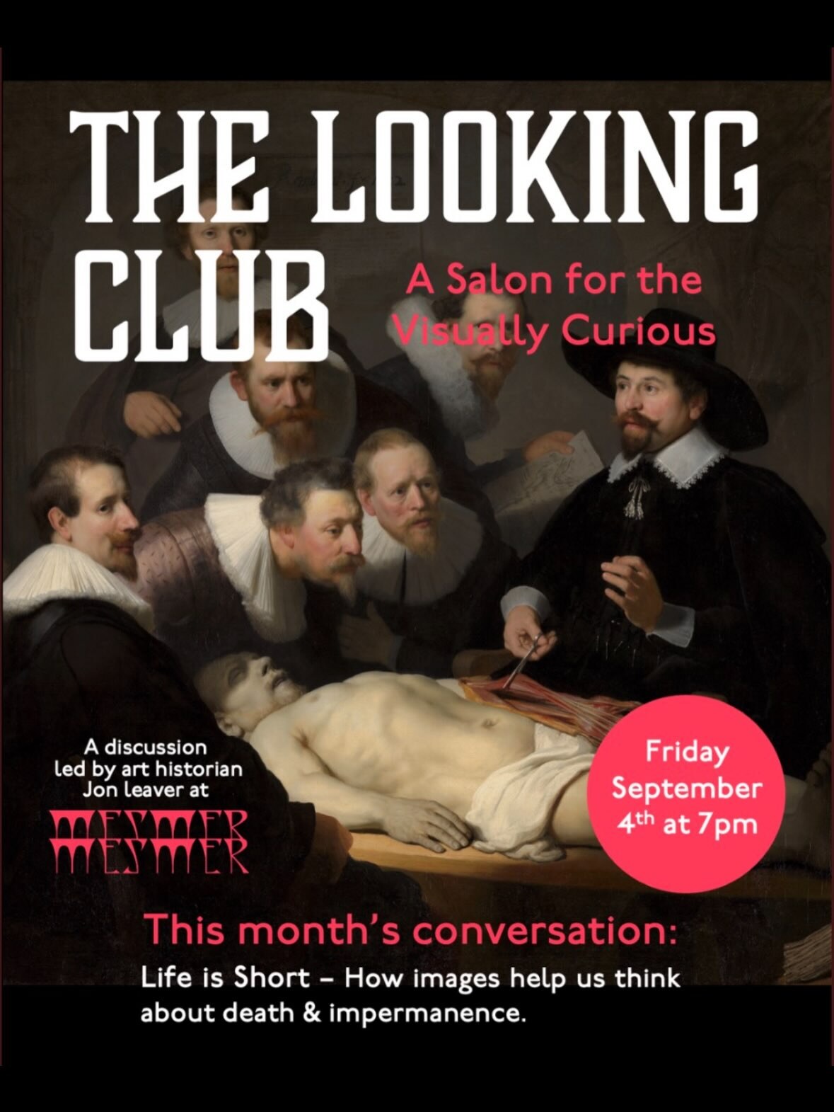 The Looking Club art history salon flyer over a classical painting