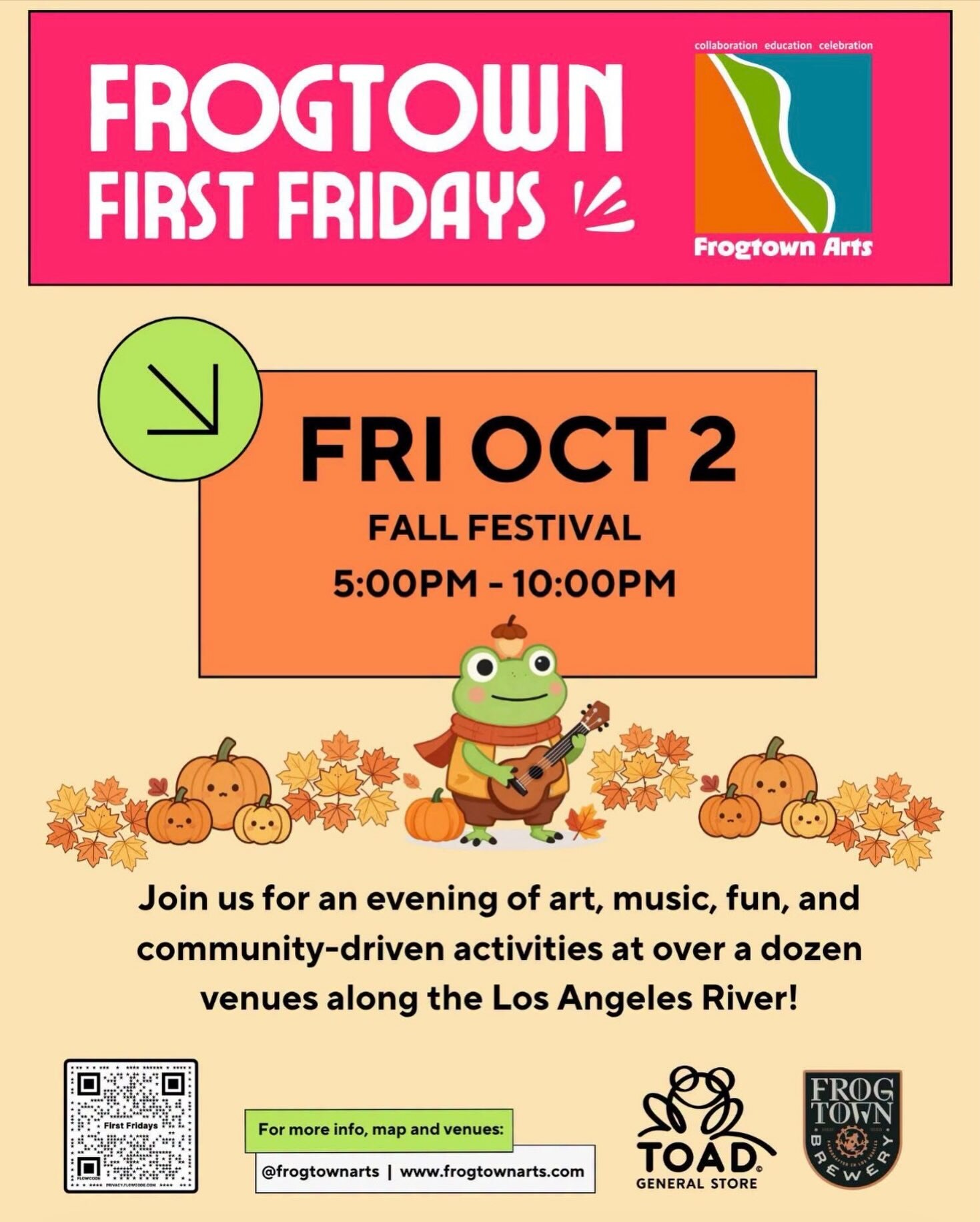Frogtown First Fridays Fall Festival flyer for Friday October 2, 5–10pm.