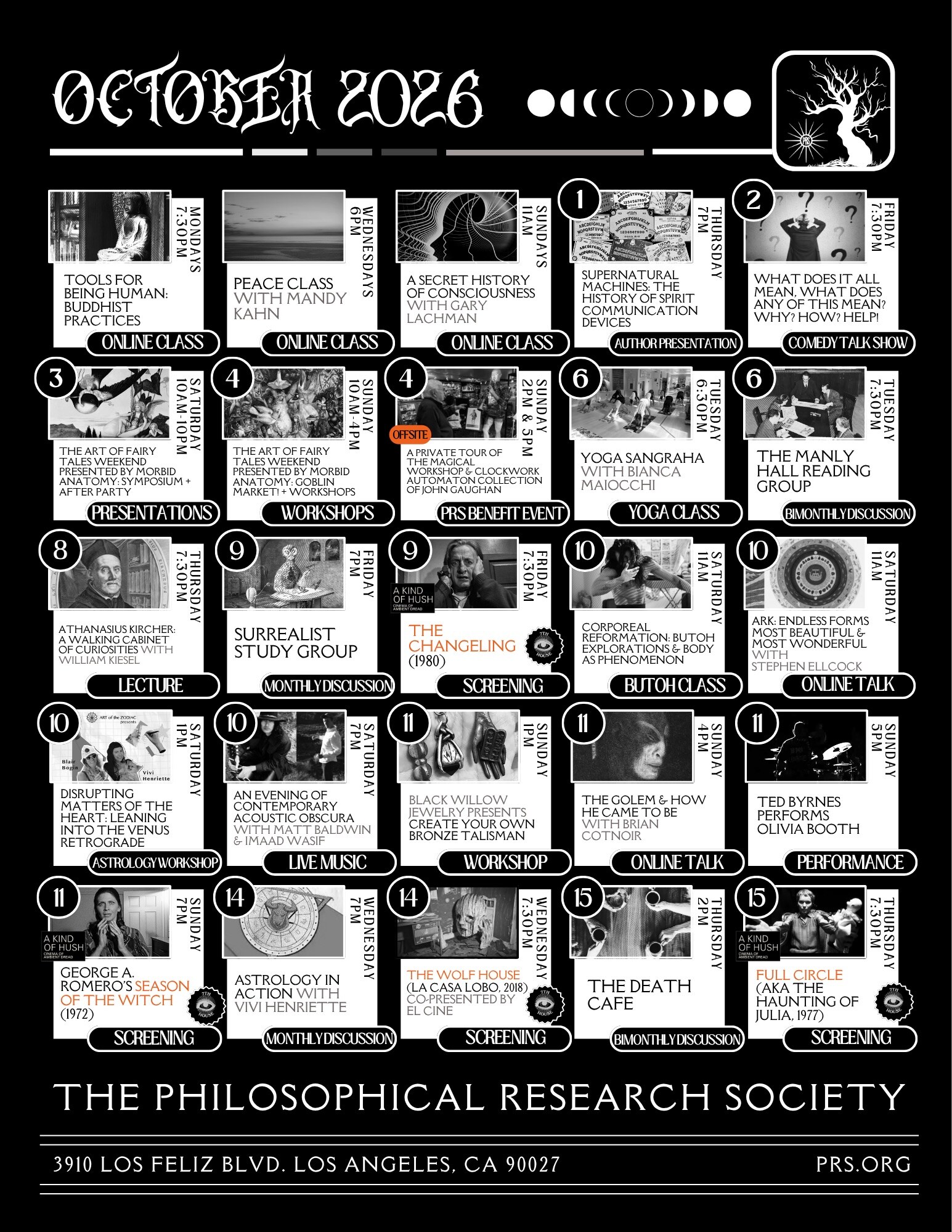 Philosophical Research Society October calendar listing The Wolf House (La Casa Lobo) on 2026-10-14