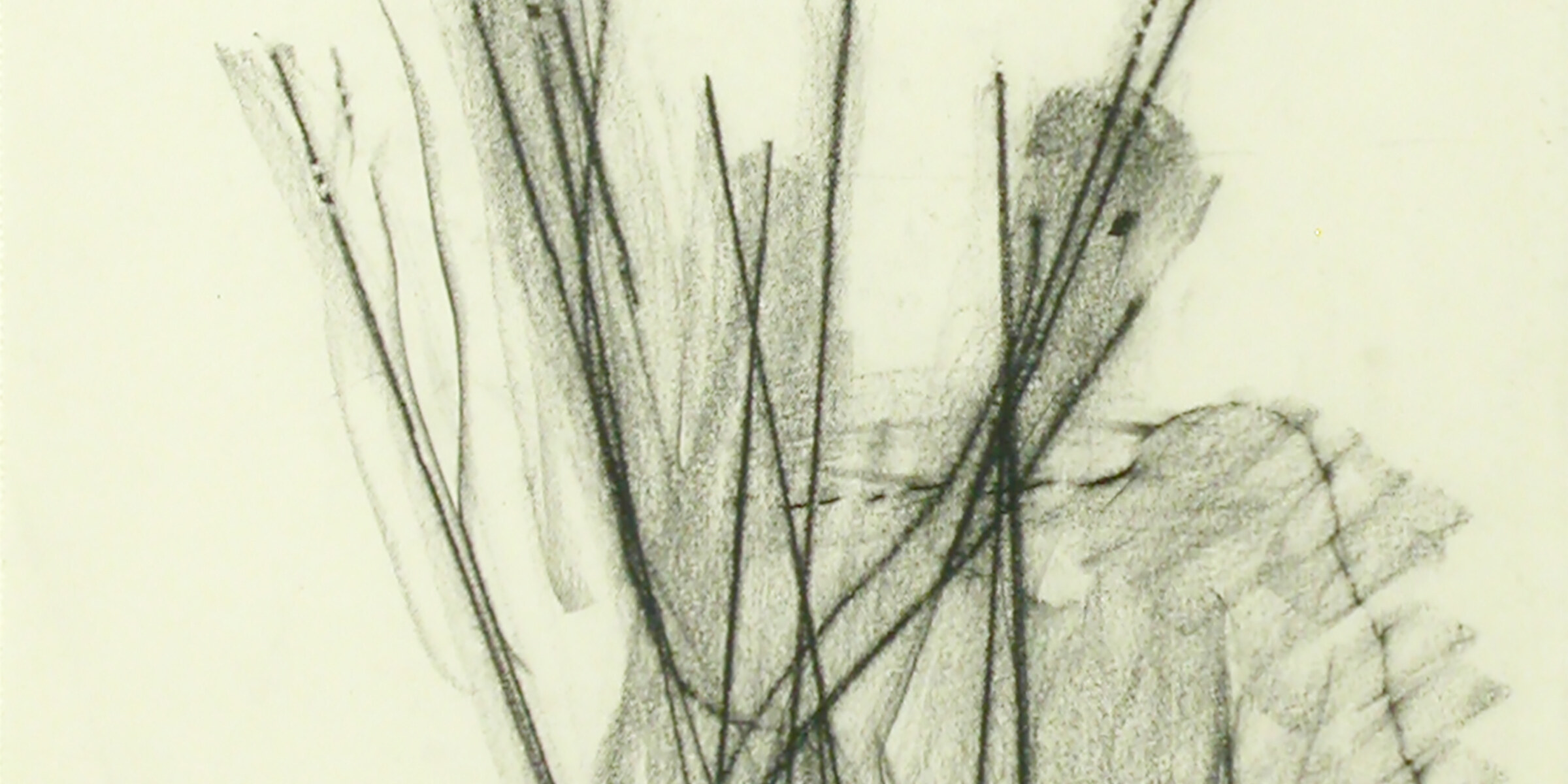 Chalk drawing of a shadowy figure behind a composition of vertical lines