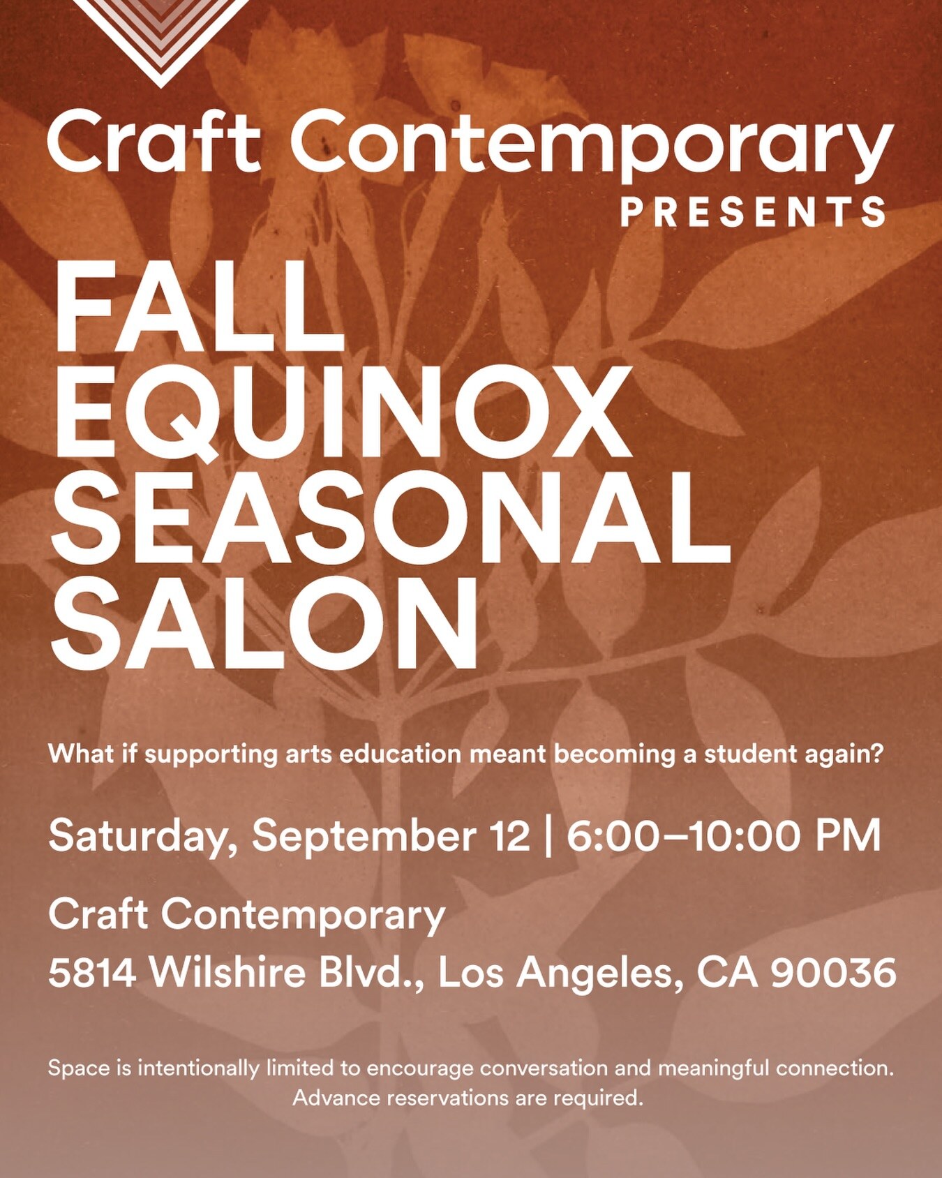 Craft Contemporary Fall Equinox Seasonal Salon flyer with September 12 date, 6–10 PM time and Wilshire Boulevard address