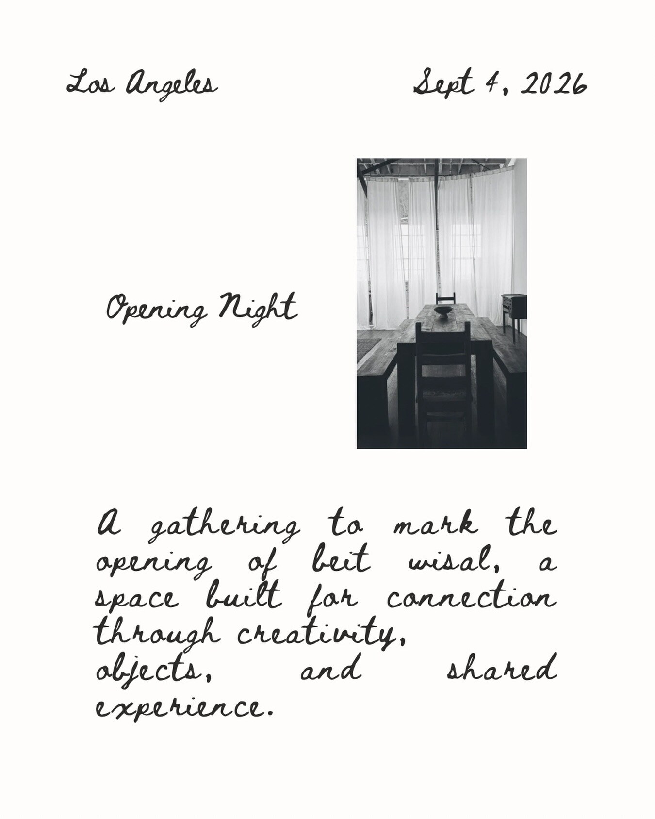 Beit Wisāl opening-night flyer for Los Angeles on September 4, 2026, with a photograph of the studio table