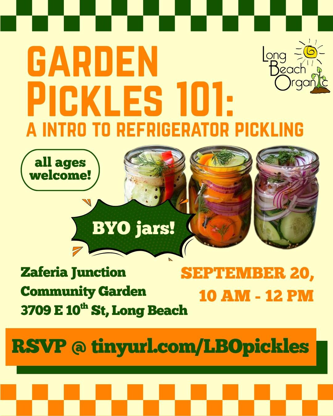 Garden Pickles 101 refrigerator pickling workshop flyer for September 20 in Long Beach