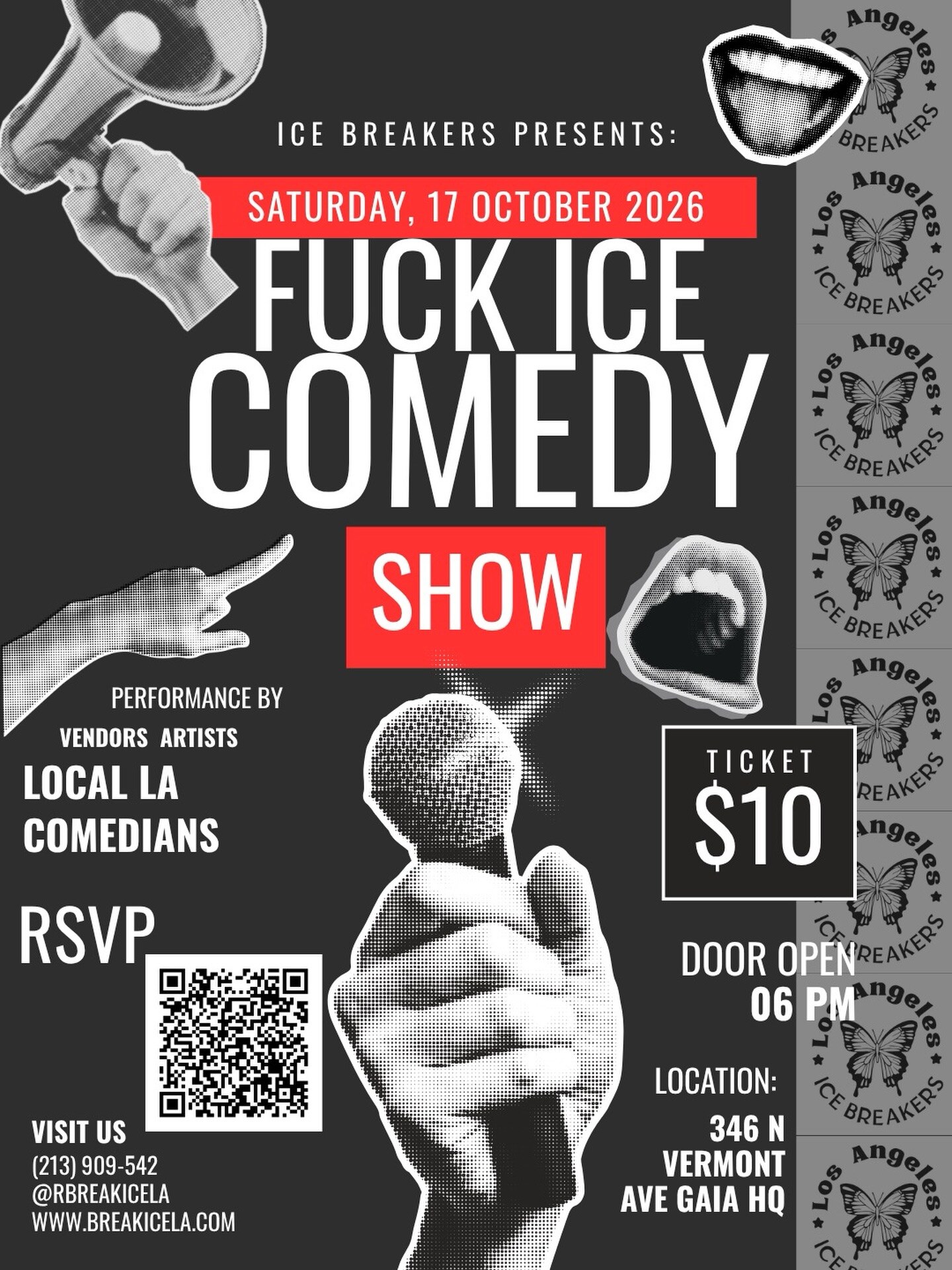 Black white and red FUCK ICE comedy show flyer