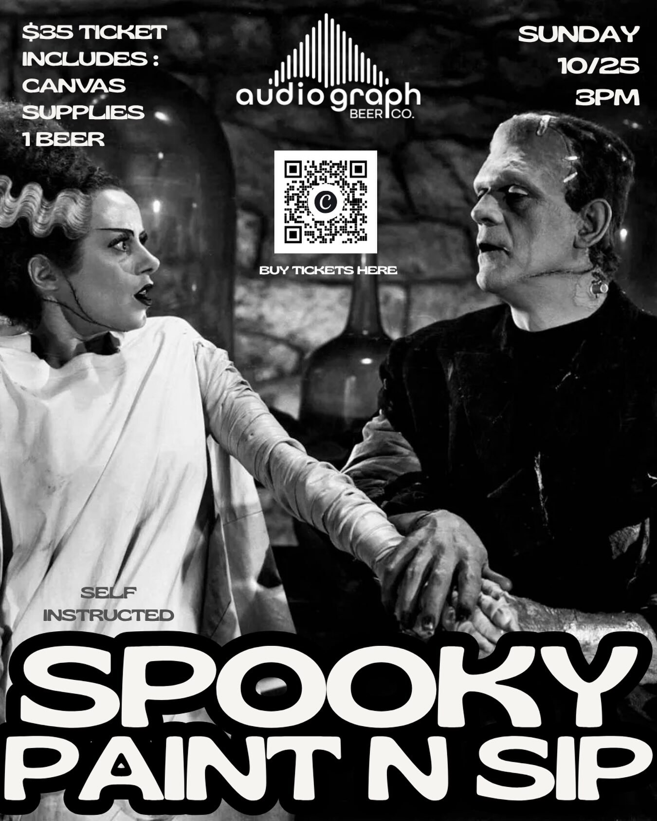 Black-and-white Spooky Paint N Sip flyer with Frankenstein and his bride for October 25 at Audio Graph Beer Co.
