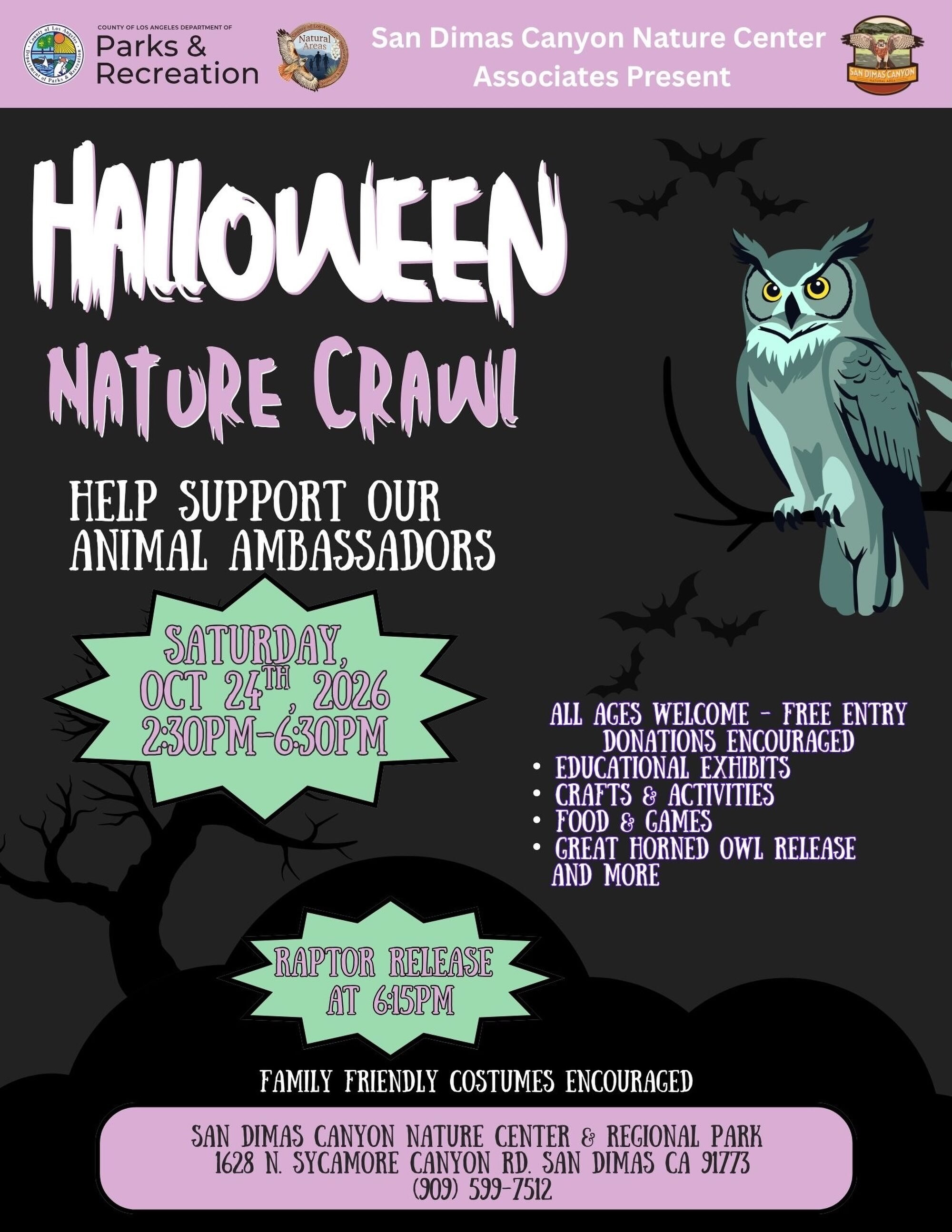 Halloween Nature Crawl flyer with an owl, nature activities and the October 24 schedule.
