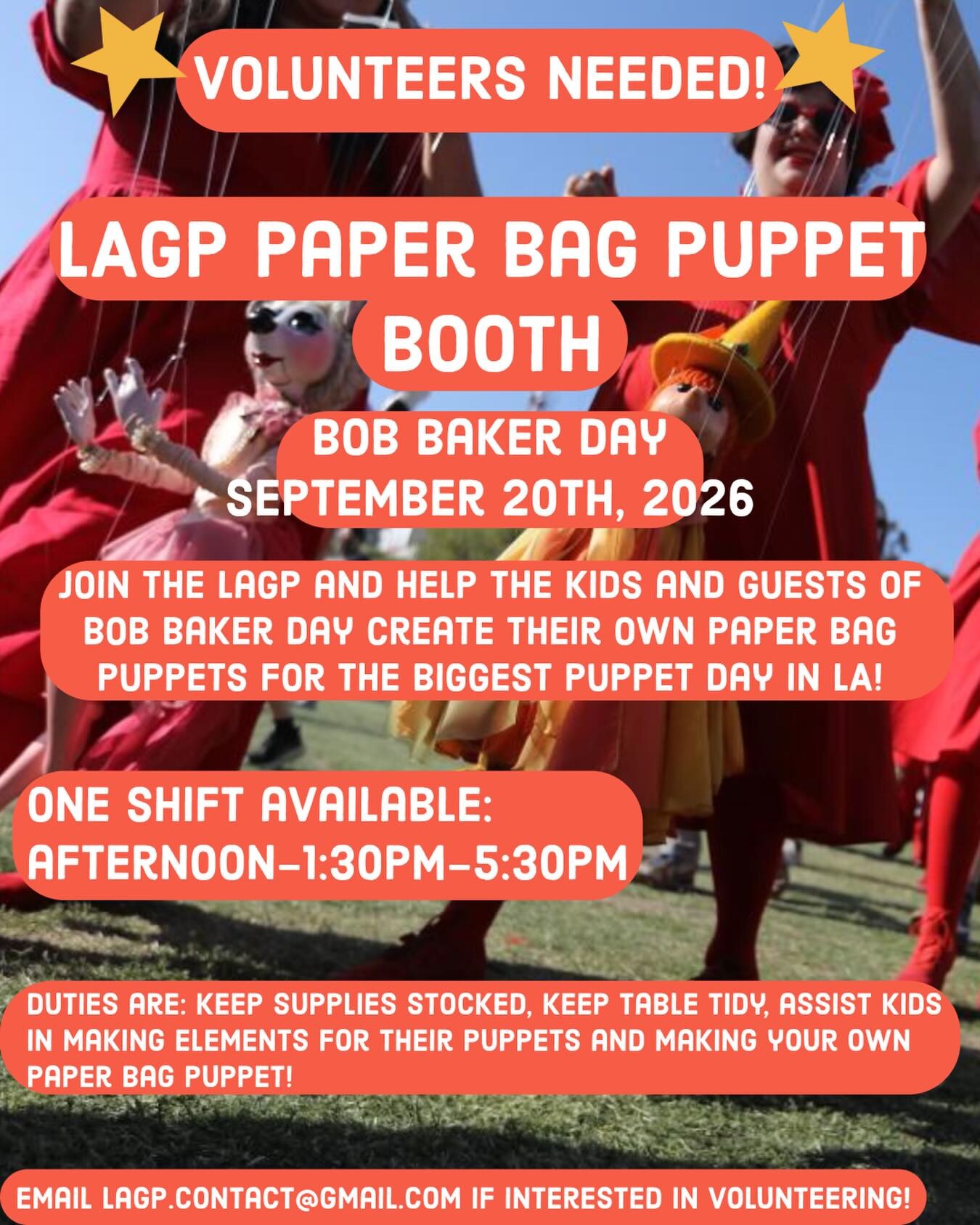 Los Angeles Guild of Puppetry volunteer call for its Bob Baker Day paper bag puppet booth