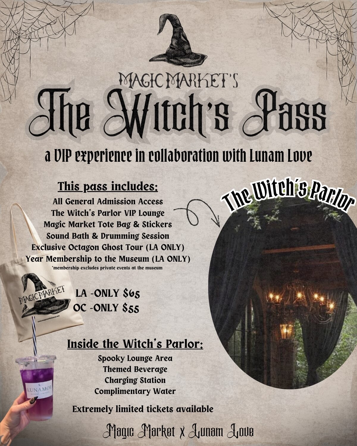 Magic Market Witch's Pass invitation for Bewitched at Heritage Square Museum.