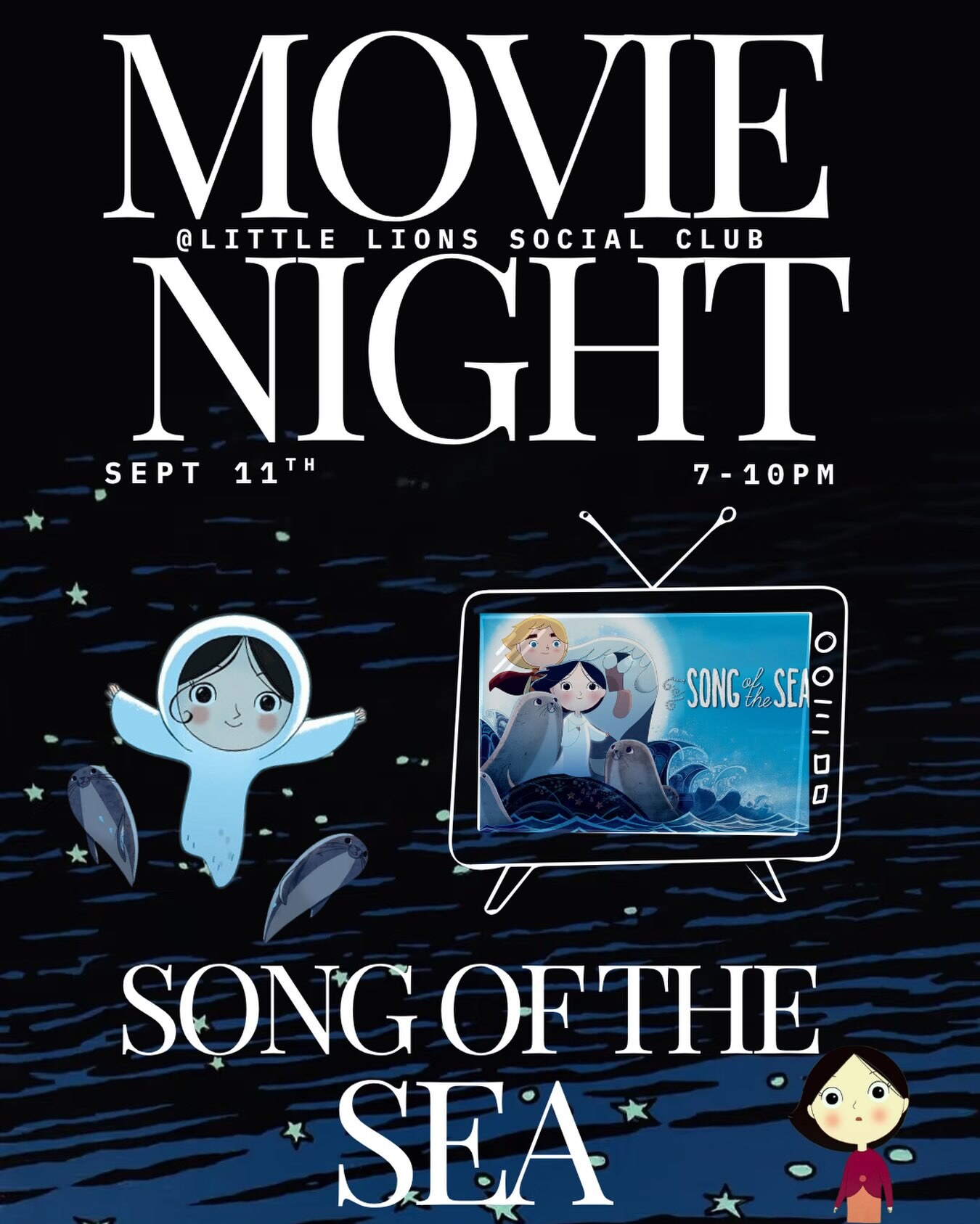 Song of the Sea movie night flyer with illustrated ocean waves and event details for Little Lions Social Club