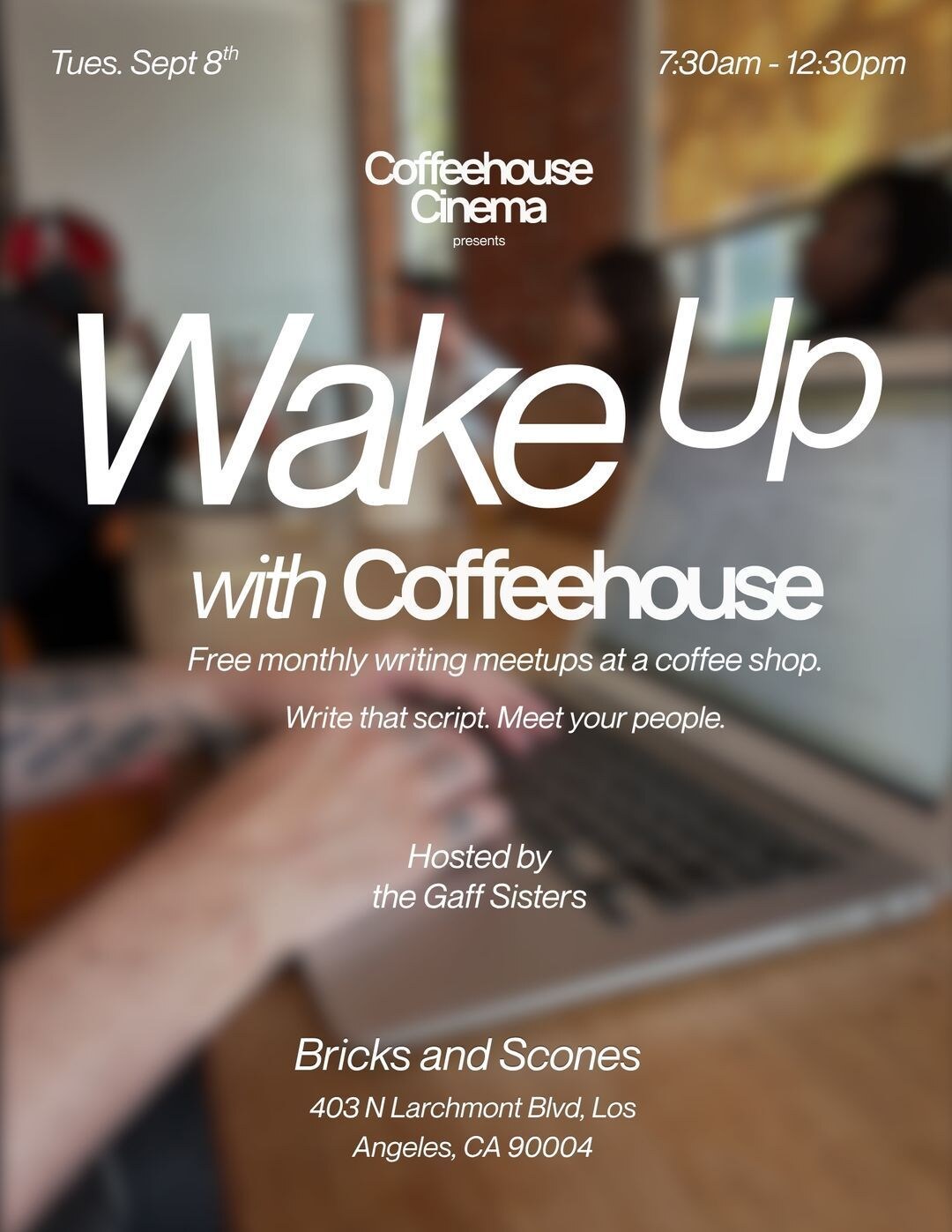 Wake Up with Coffeehouse writing session flyer for September 8 at Bricks and Scones
