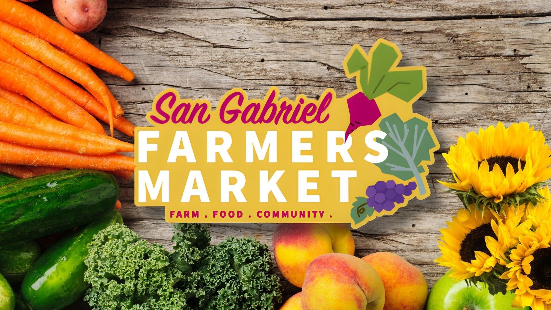 San Gabriel Farmers Market logo surrounded by fresh produce