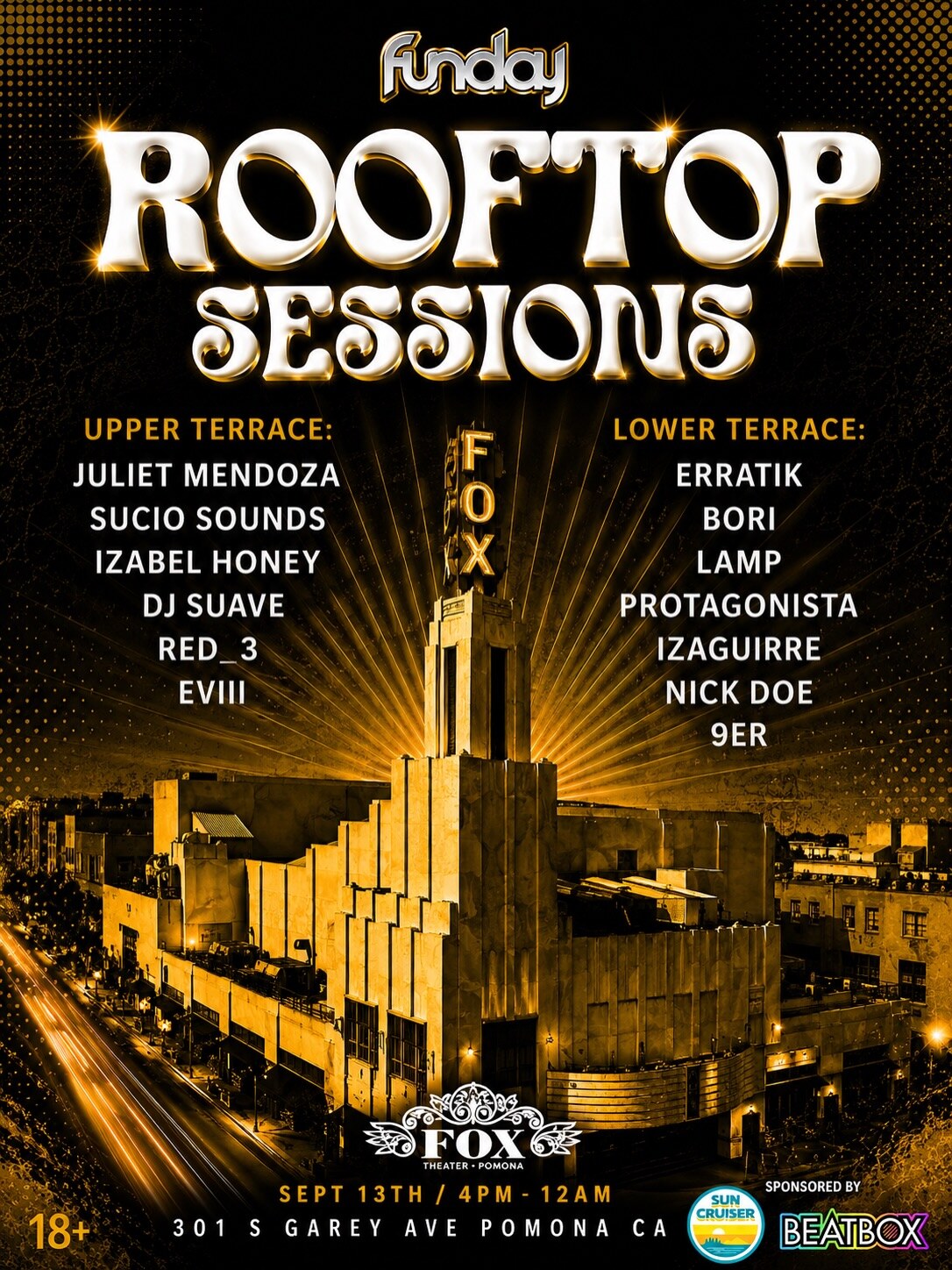 Black and gold Funday Rooftop Sessions lineup flyer